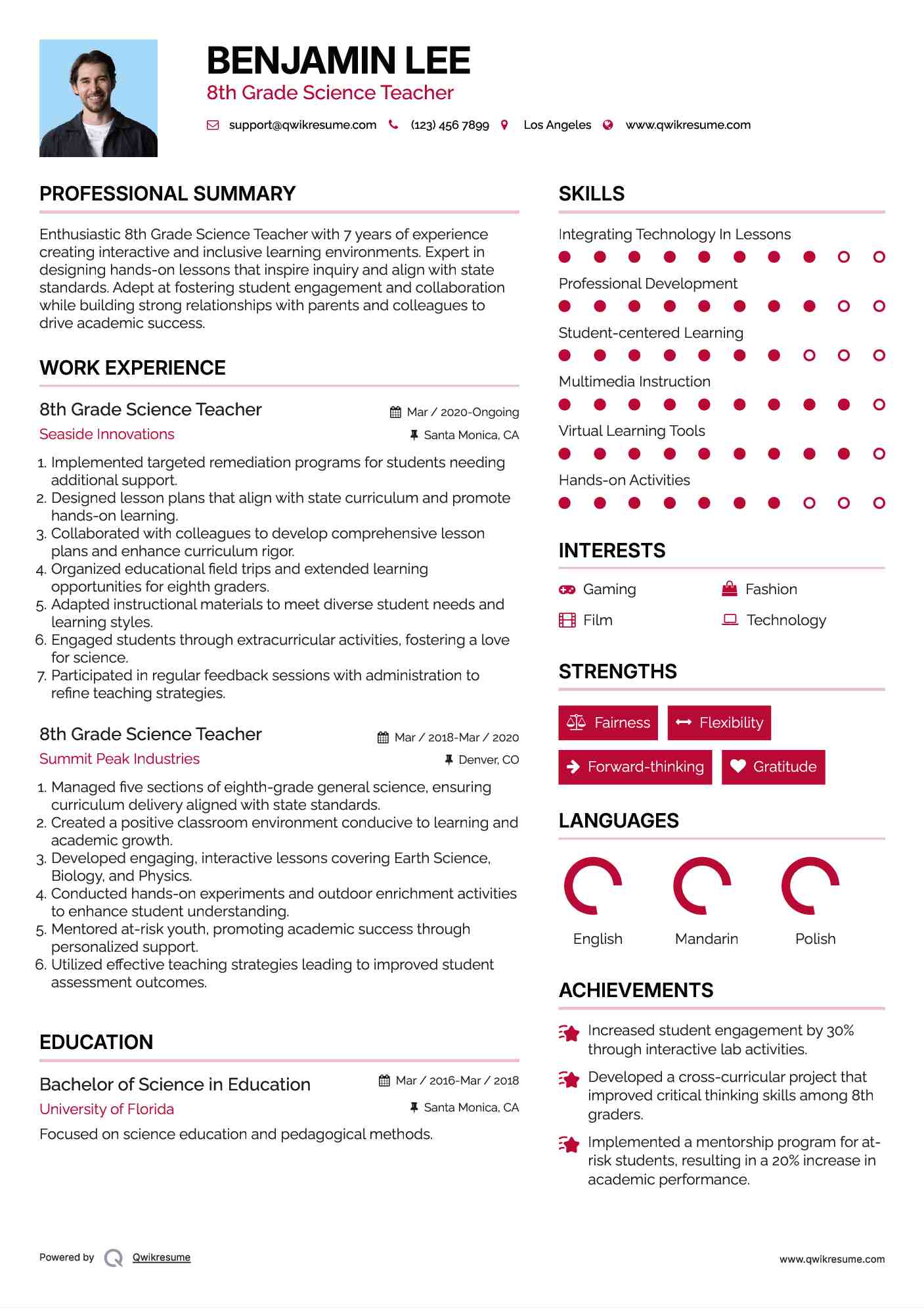 8th Grade Science Teacher Resume Example