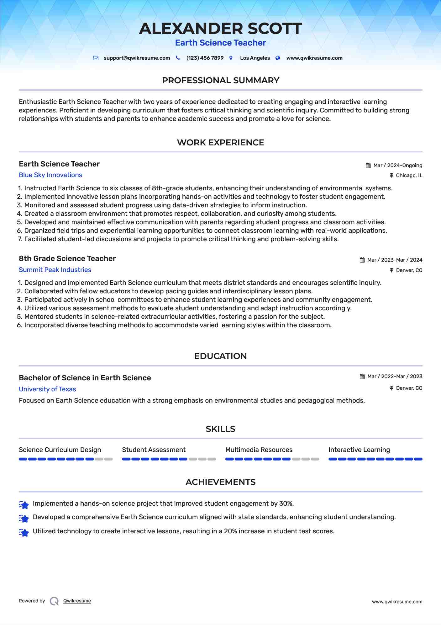 Earth Science Teacher Resume Sample