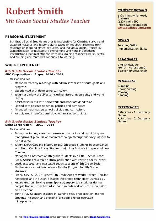 8th Grade Social Studies Teacher Resume Samples QwikResume