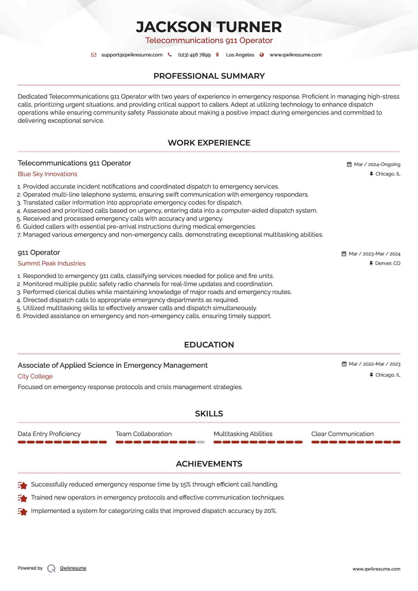 Telecommunications 911 Operator Resume Example