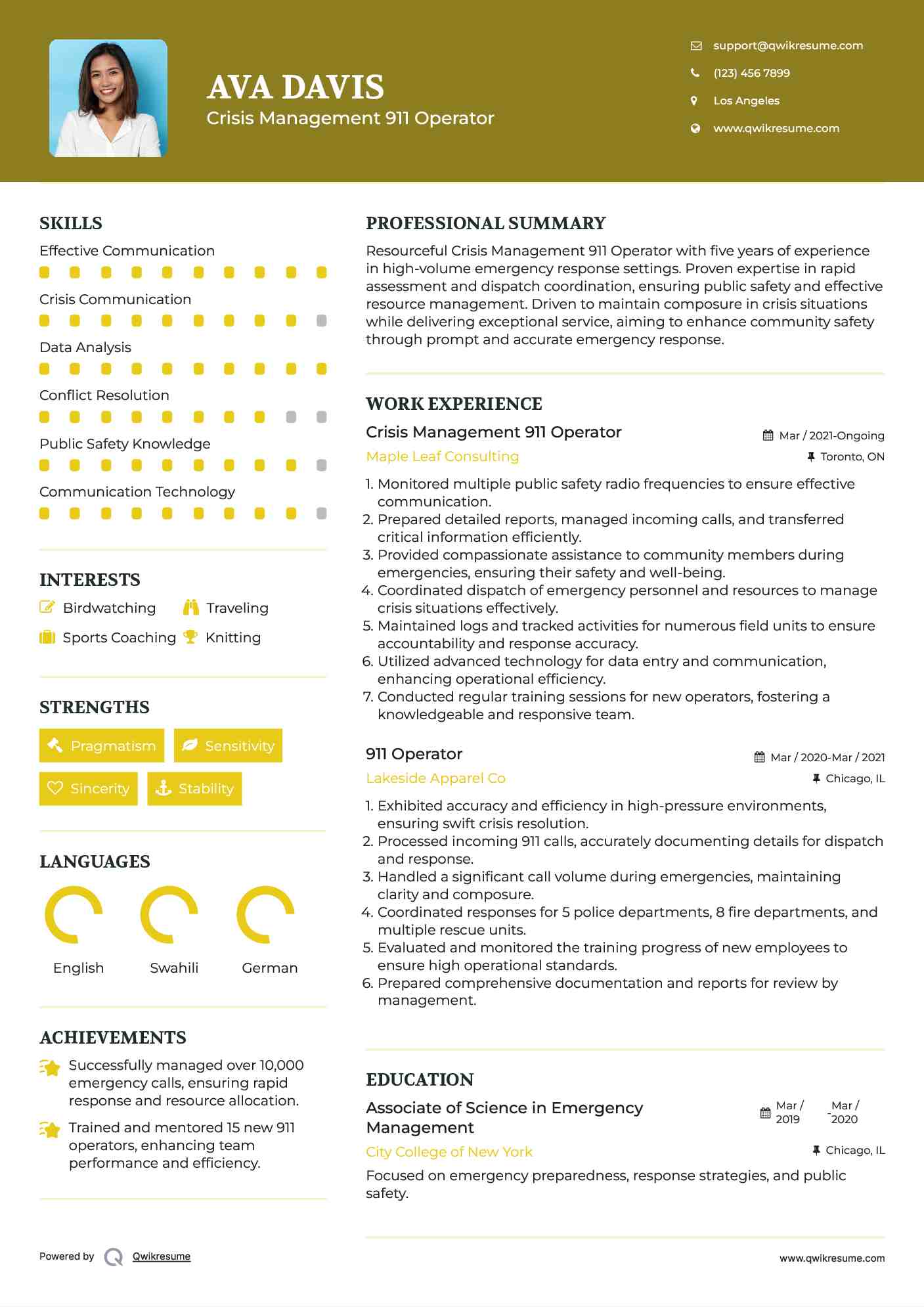 Crisis Management 911 Operator Resume Format