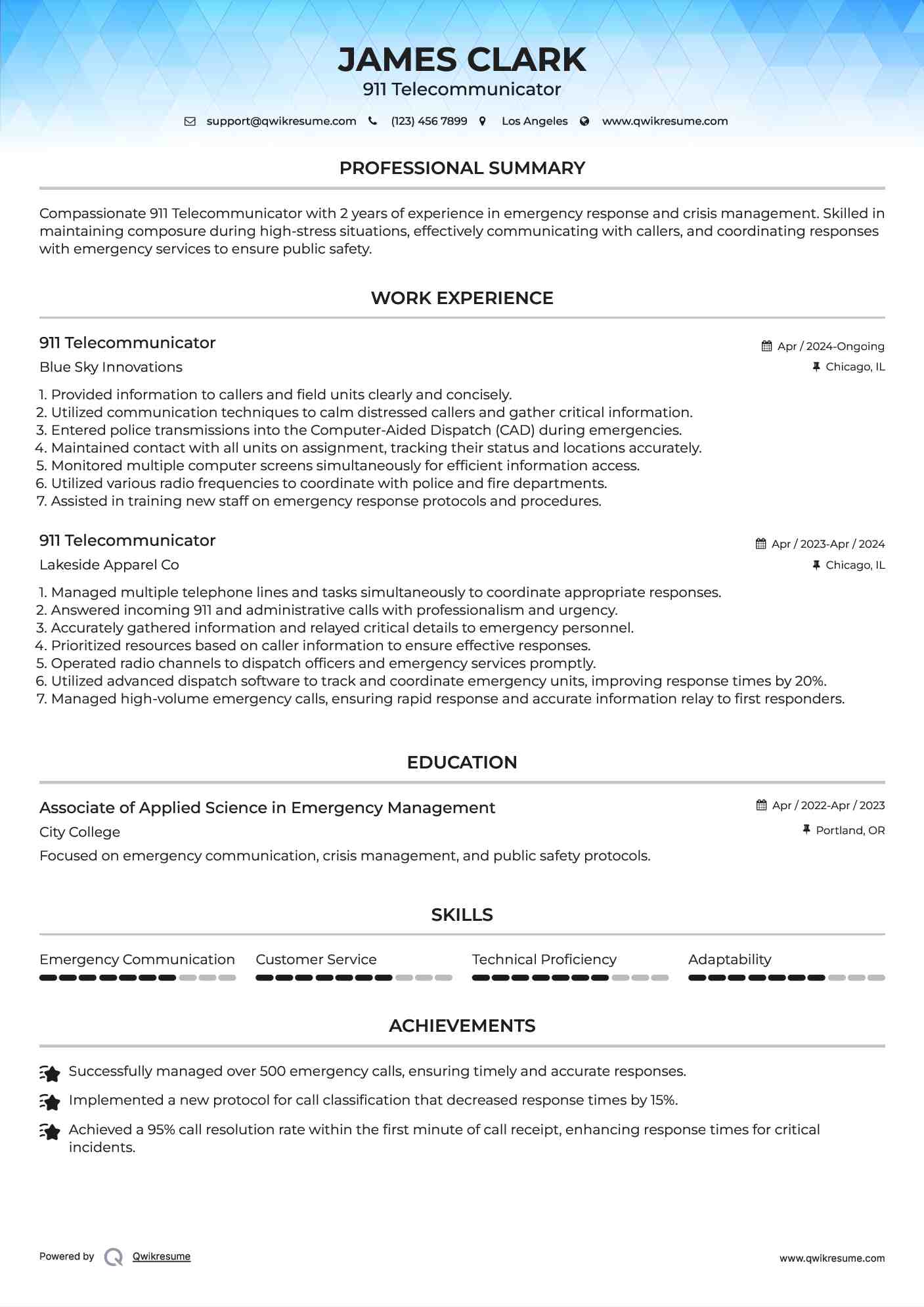 911 Telecommunicator Resume Template