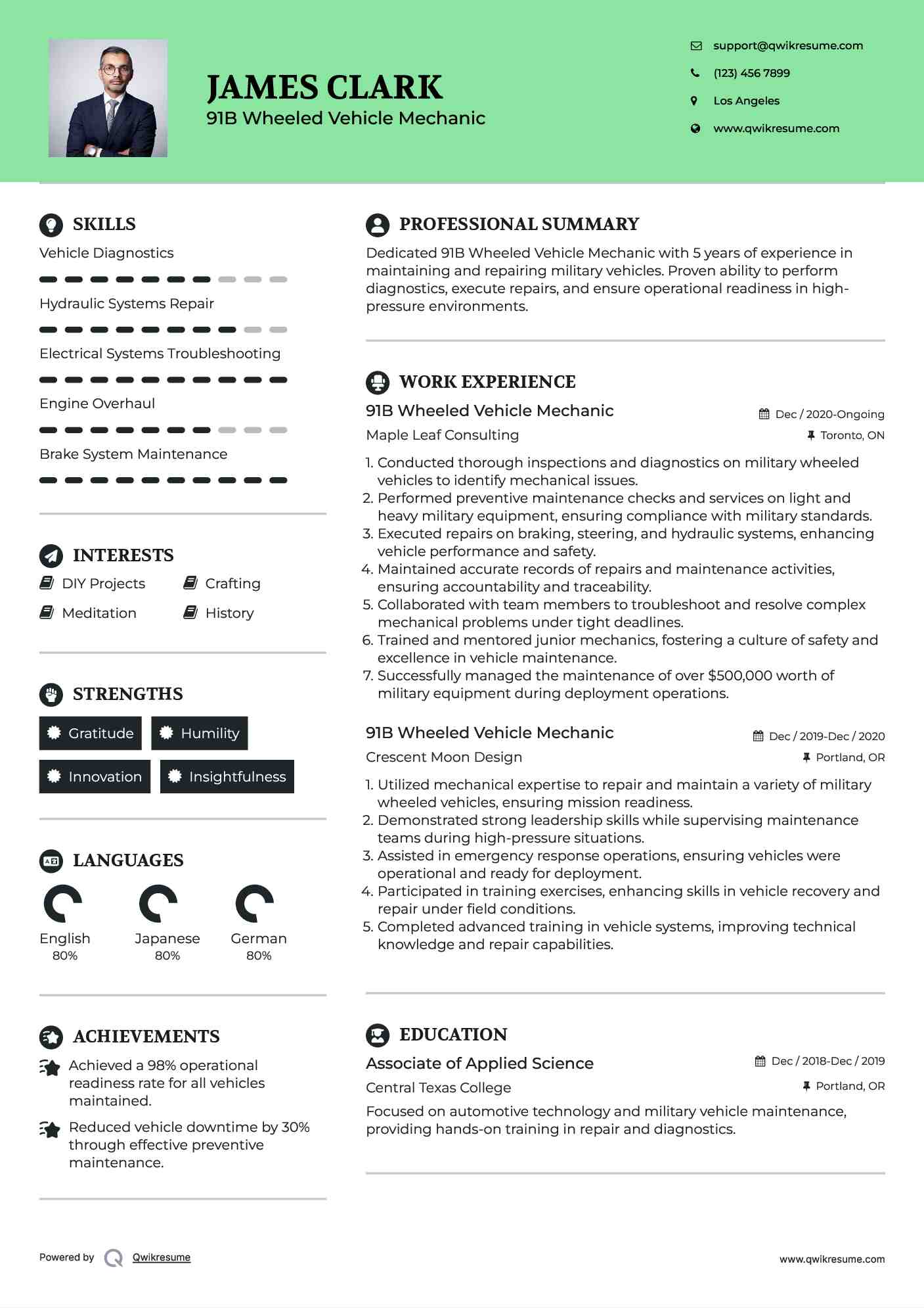 91B Wheeled Vehicle Mechanic Resume Format