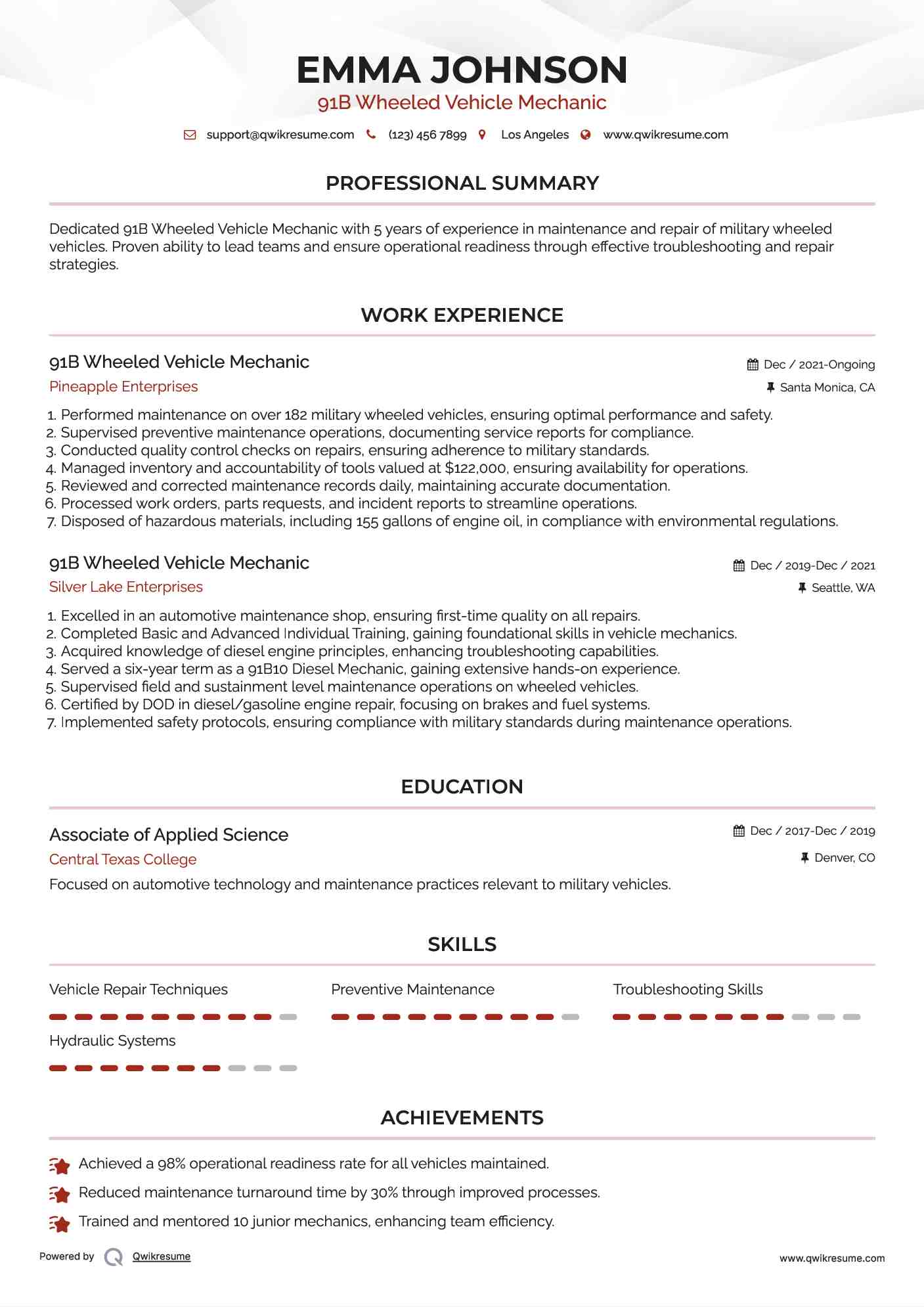 91B Wheeled Vehicle Mechanic Resume Sample
