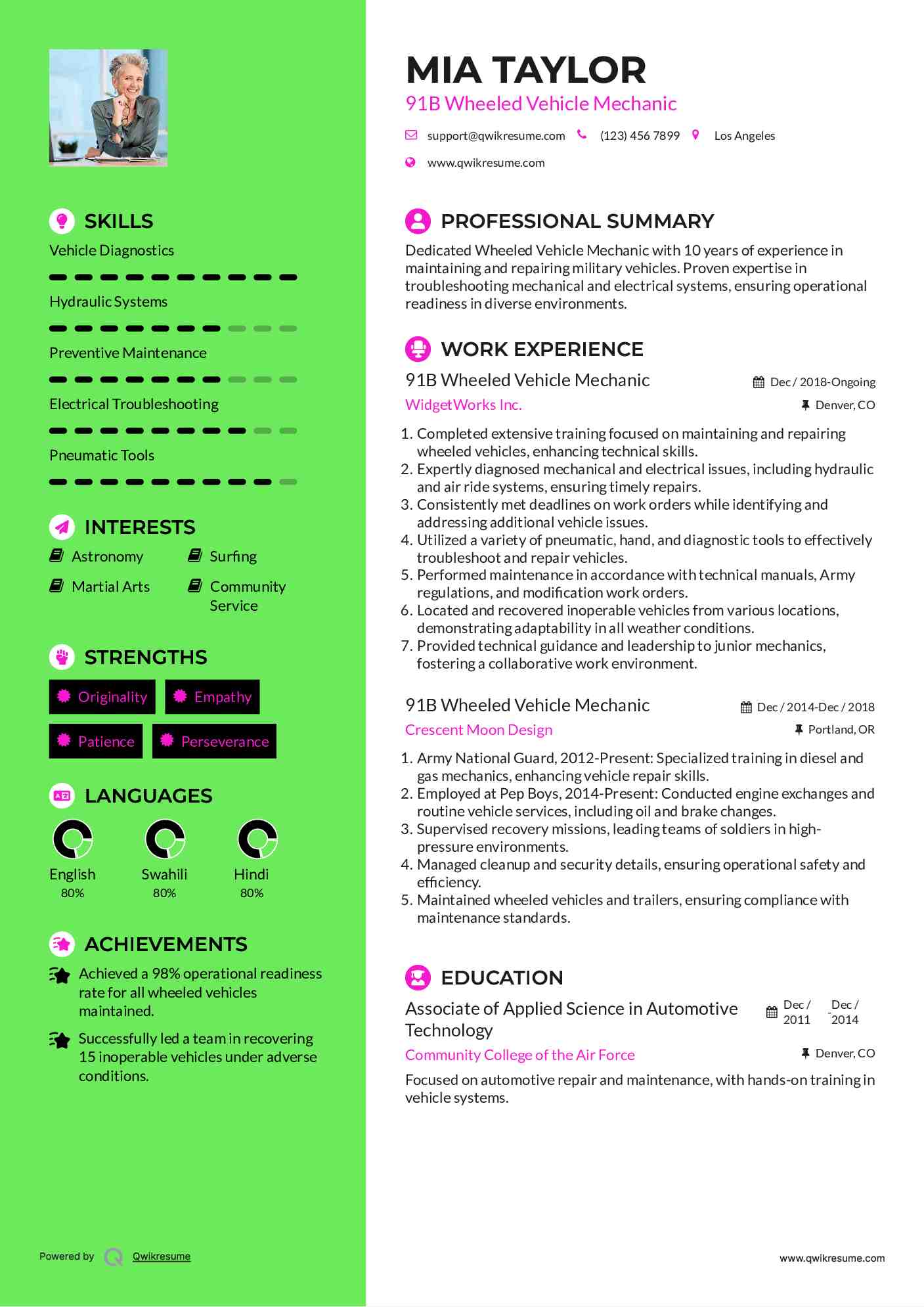 91B Wheeled Vehicle Mechanic Resume Model