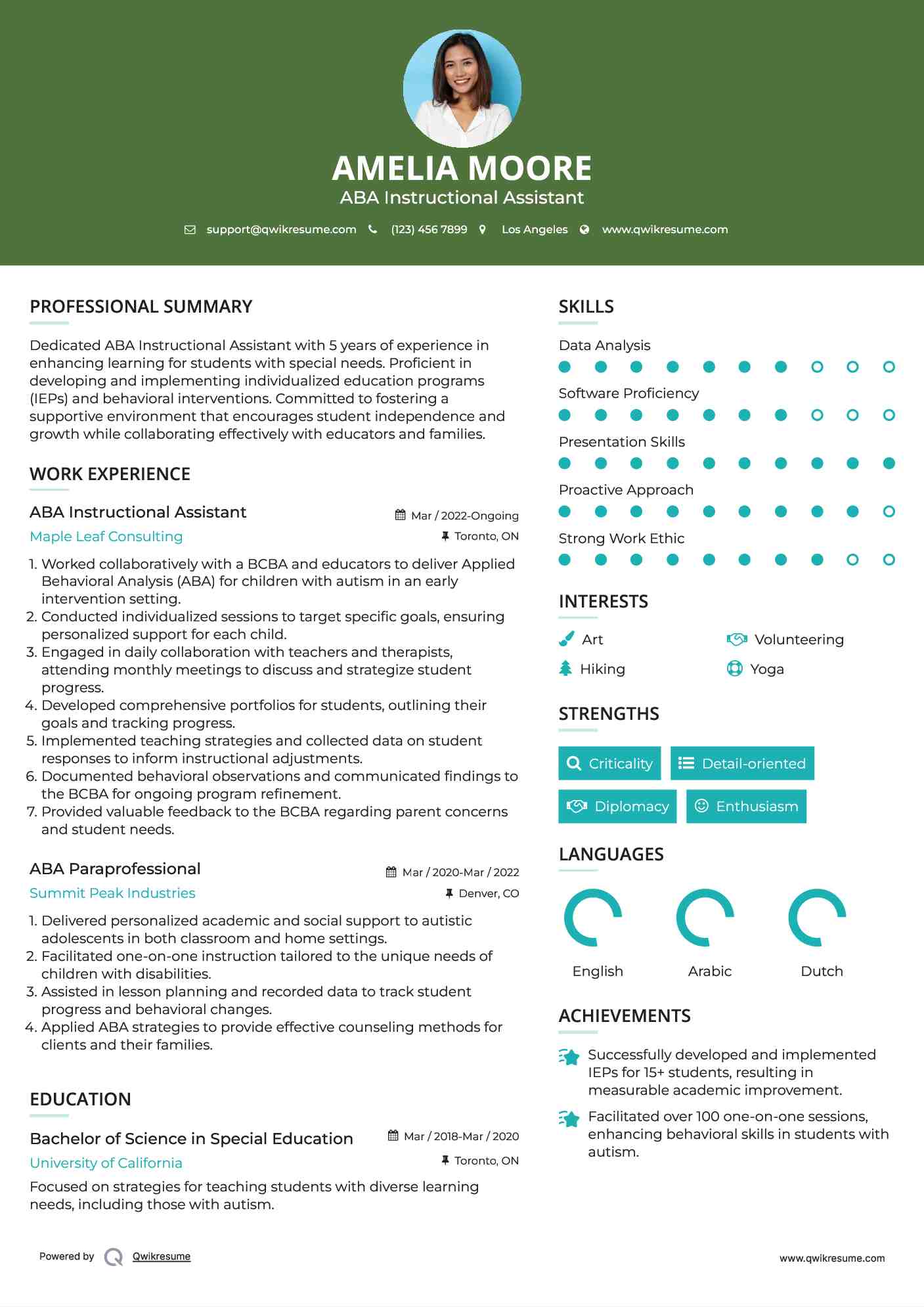 ABA Instructional Assistant Resume Model
