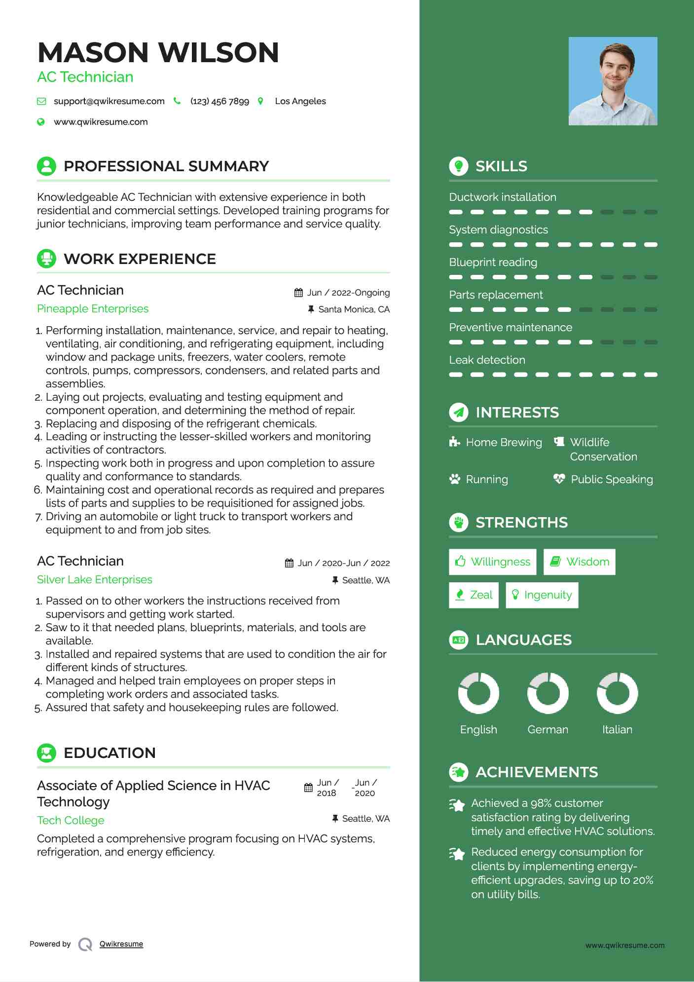 HVAC Service Technician Resume Sample