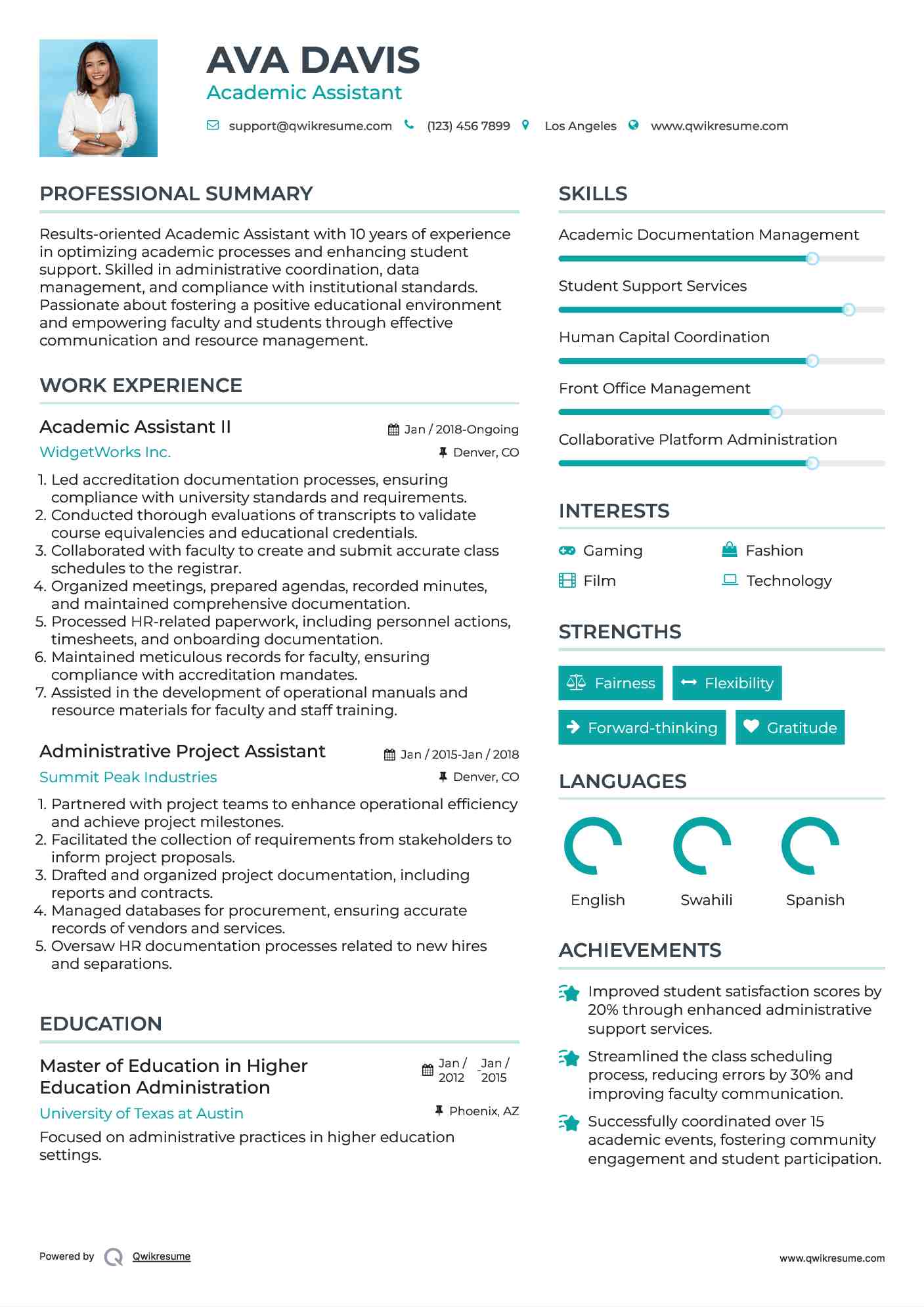 Academic Assistant II Resume Model