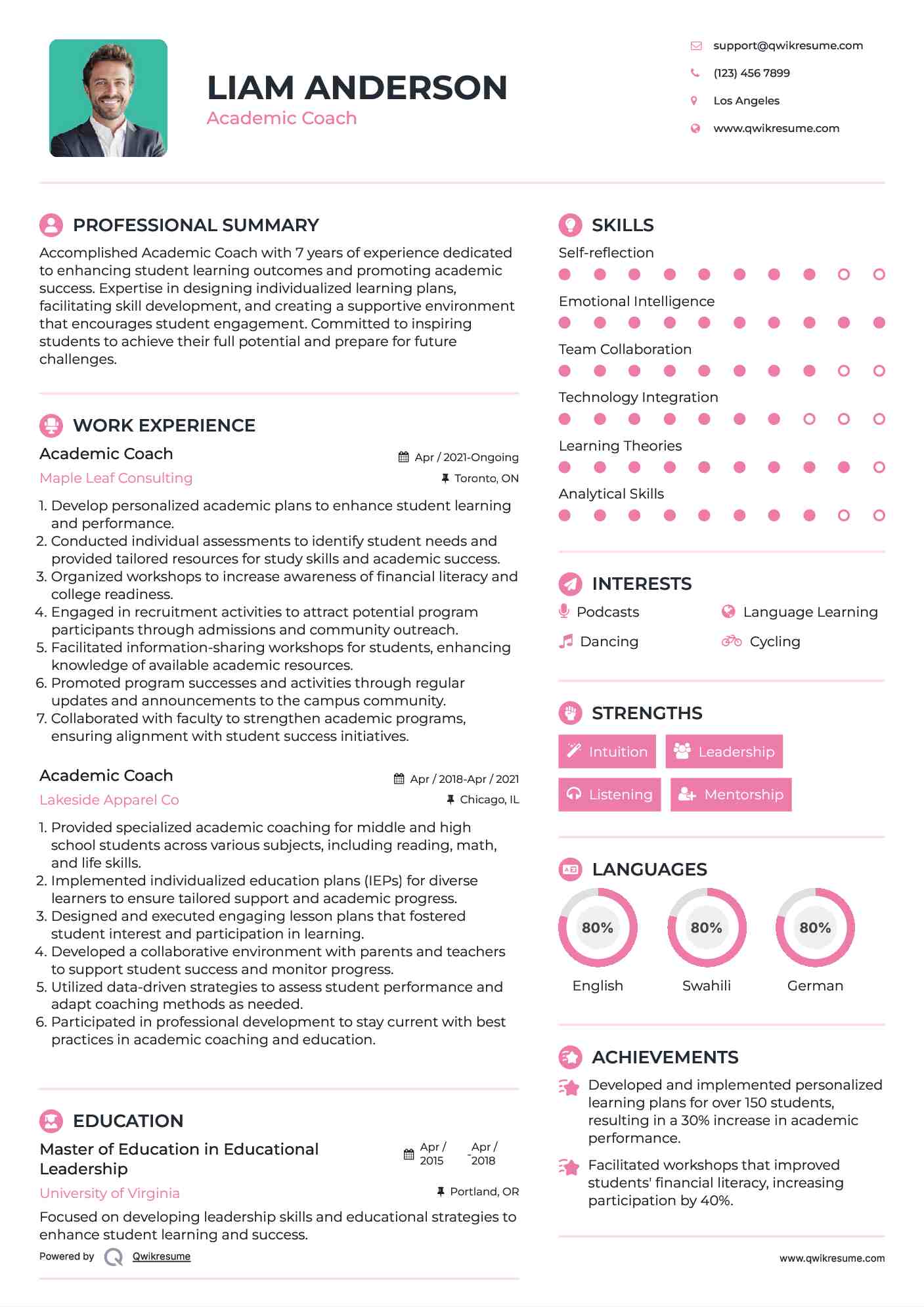 Academic Coach Resume Sample