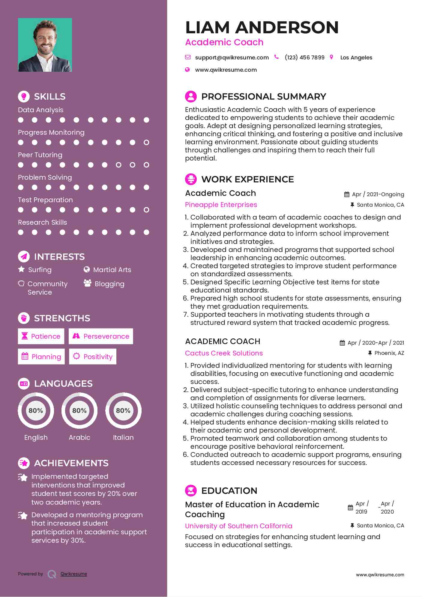 Academic Coach Resume Example