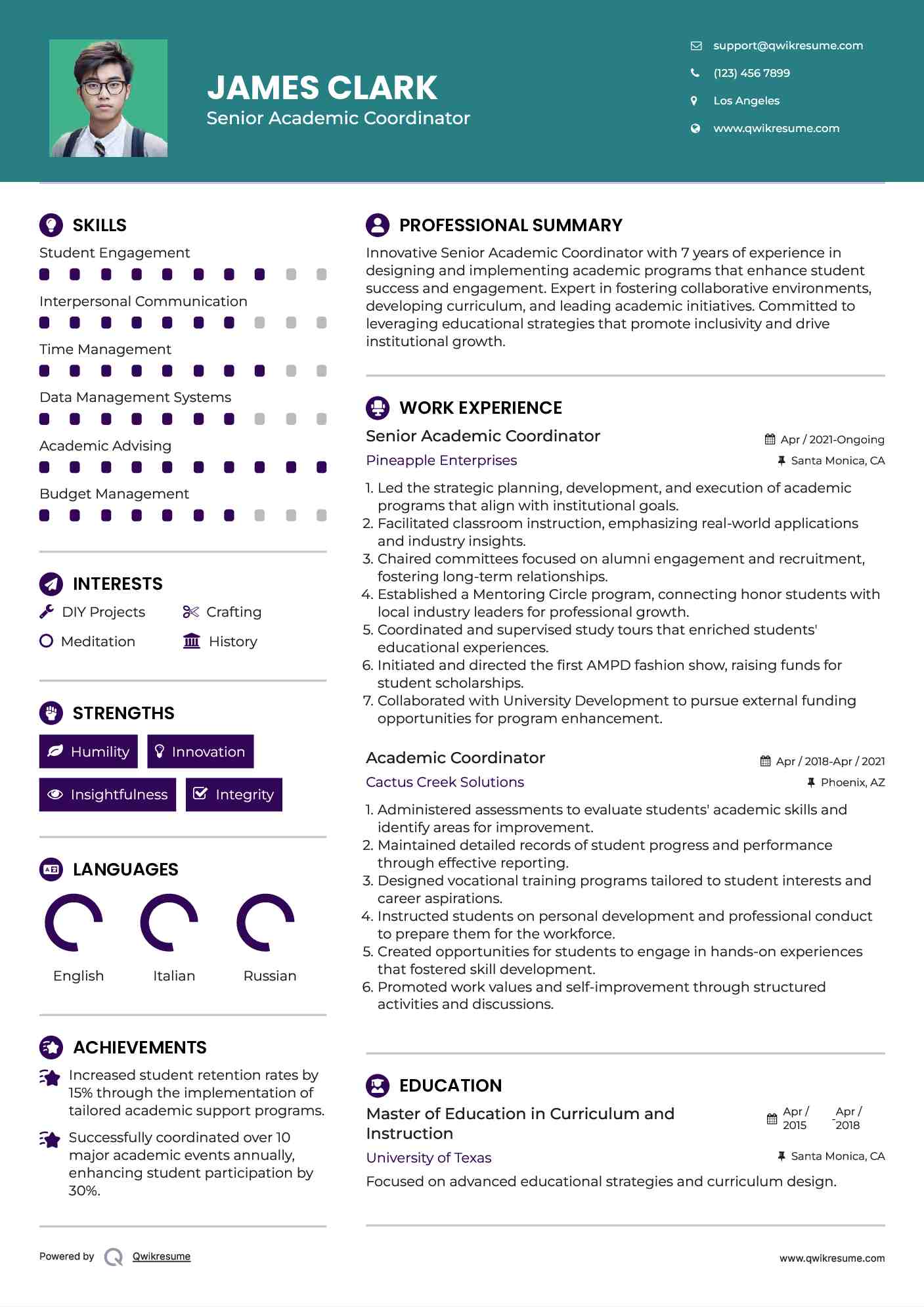 Academic Coordinator Resume Samples | QwikResume