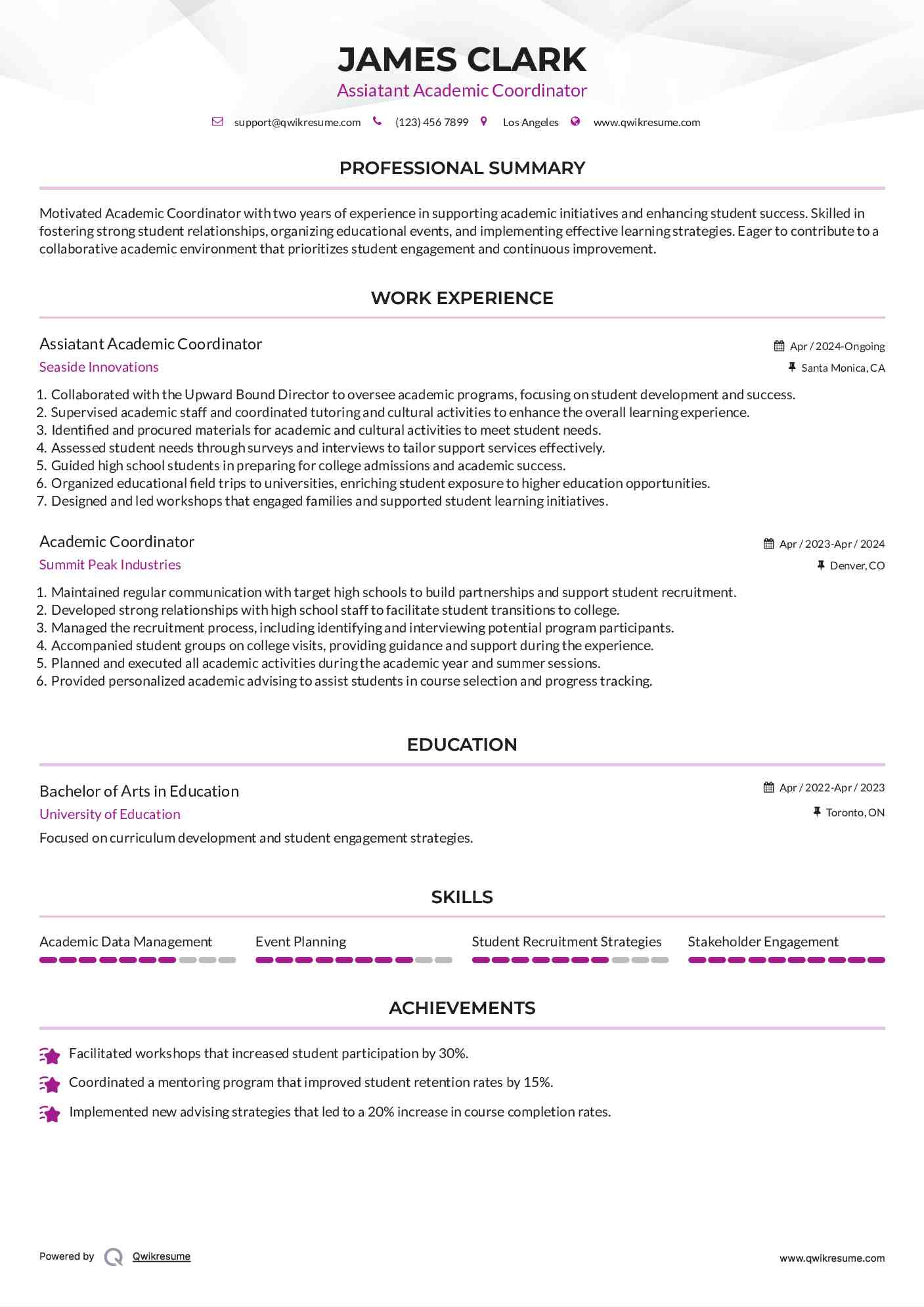 Assiatant Academic Coordinator Resume Template