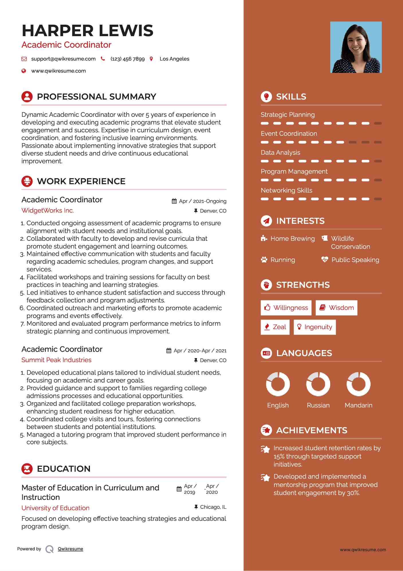 Academic Coordinator Resume Samples QwikResume