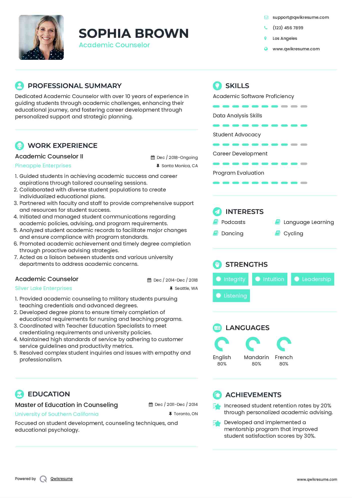 Academic Counselor II Resume Example