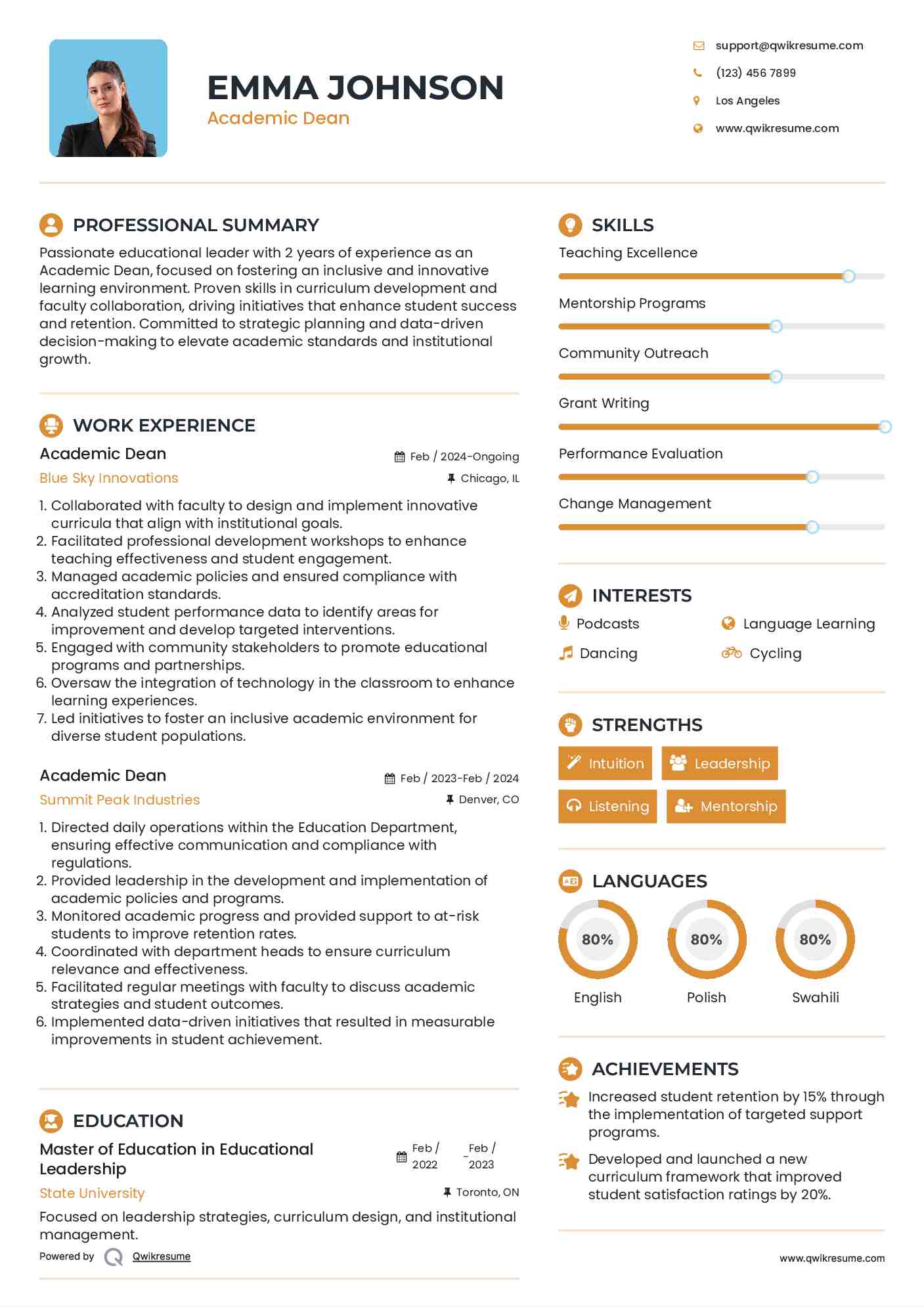 Academic Dean Resume Sample