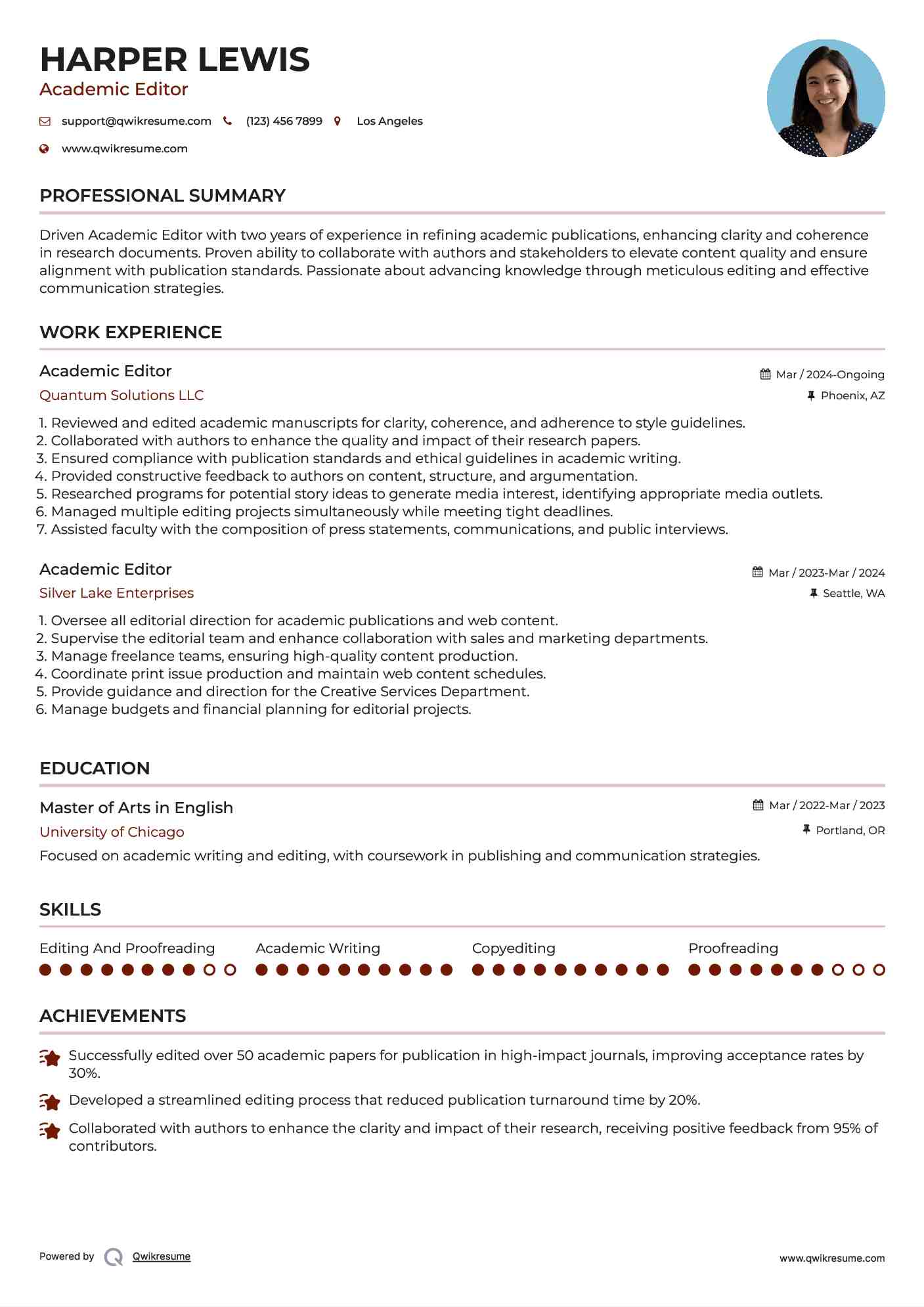 Academic Editor Resume Model