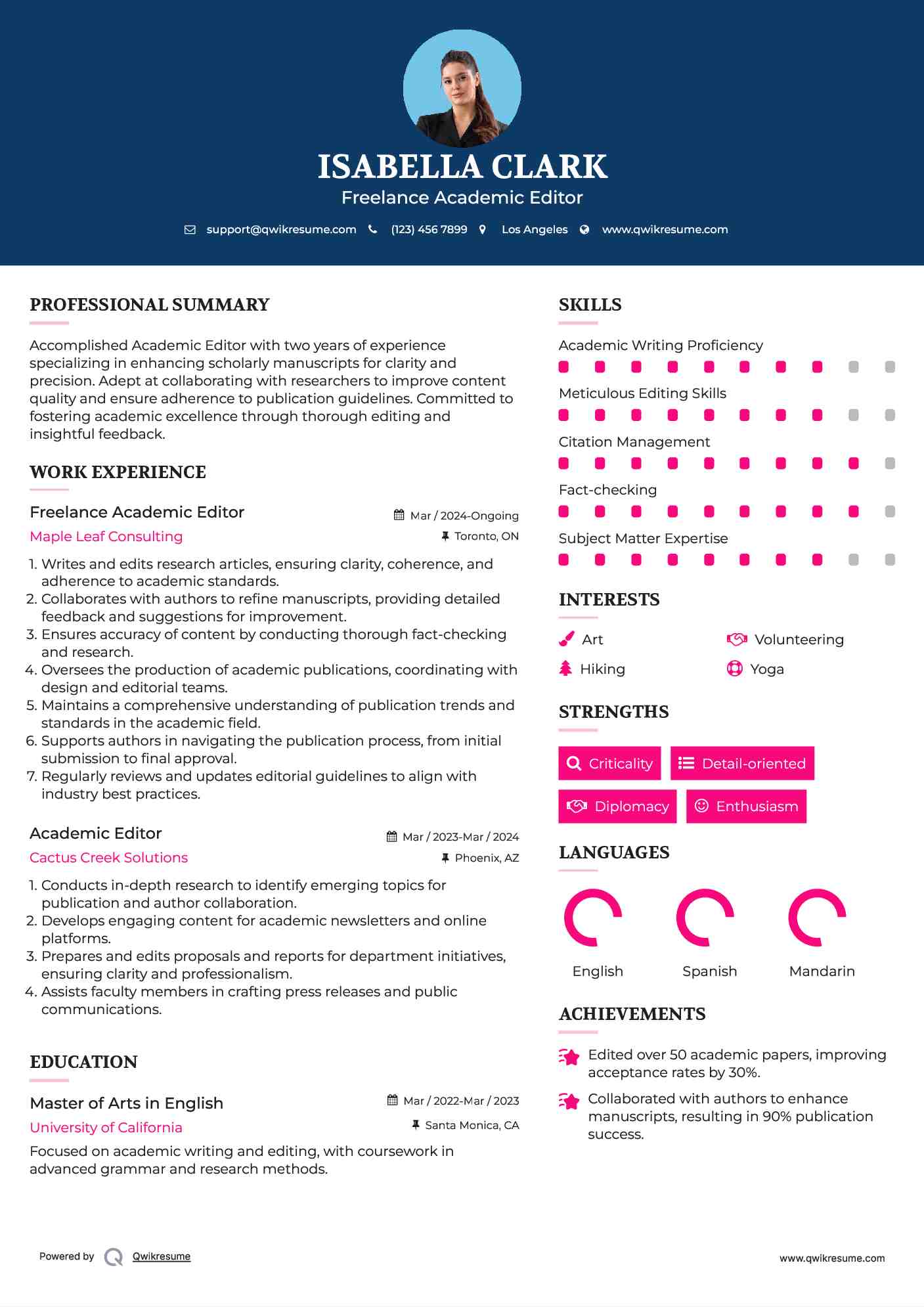Freelance Academic Editor Resume Template