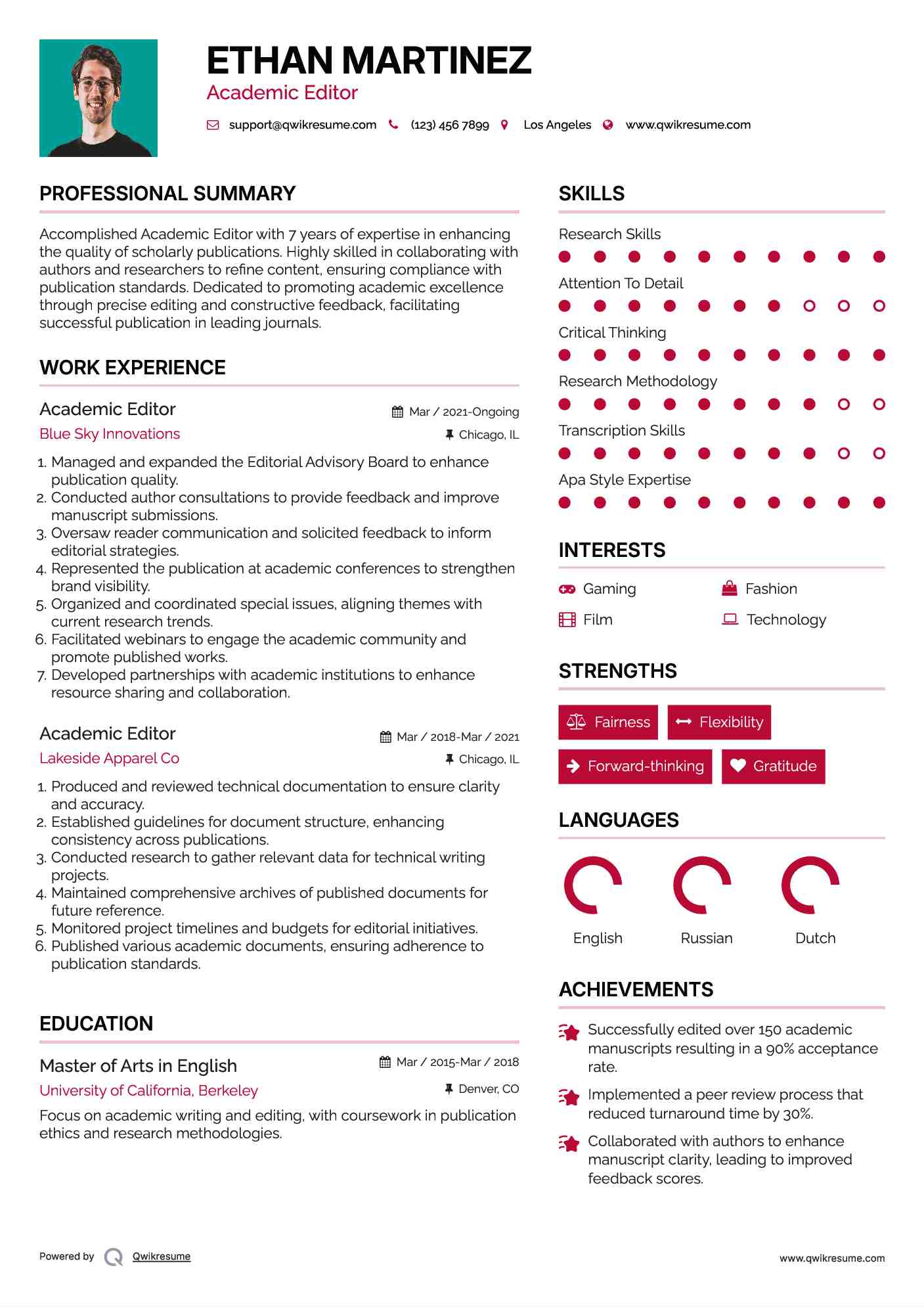 Academic Editor Resume Format