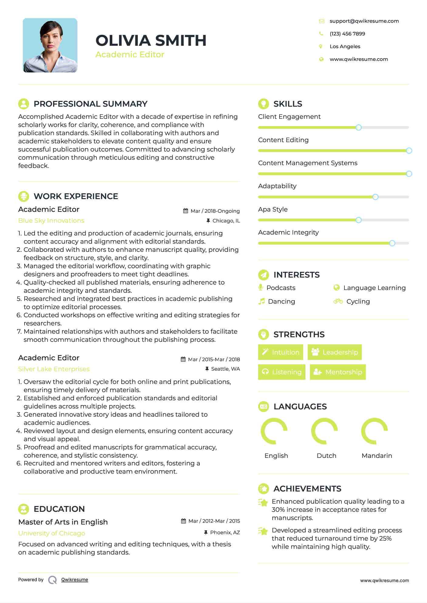 Academic Editor Resume Model