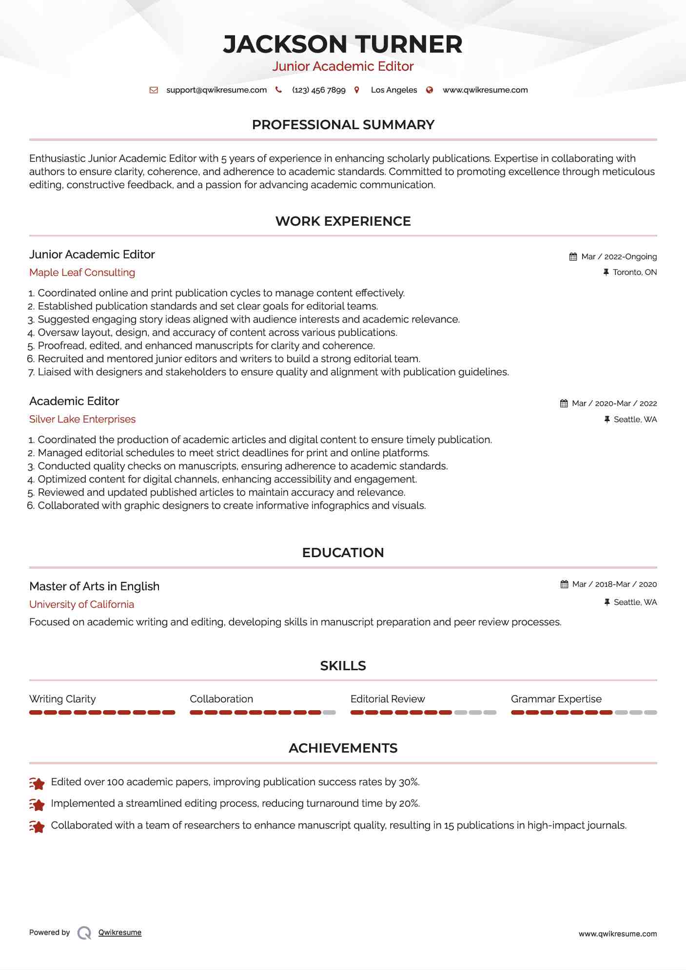 Junior Academic Editor Resume Template