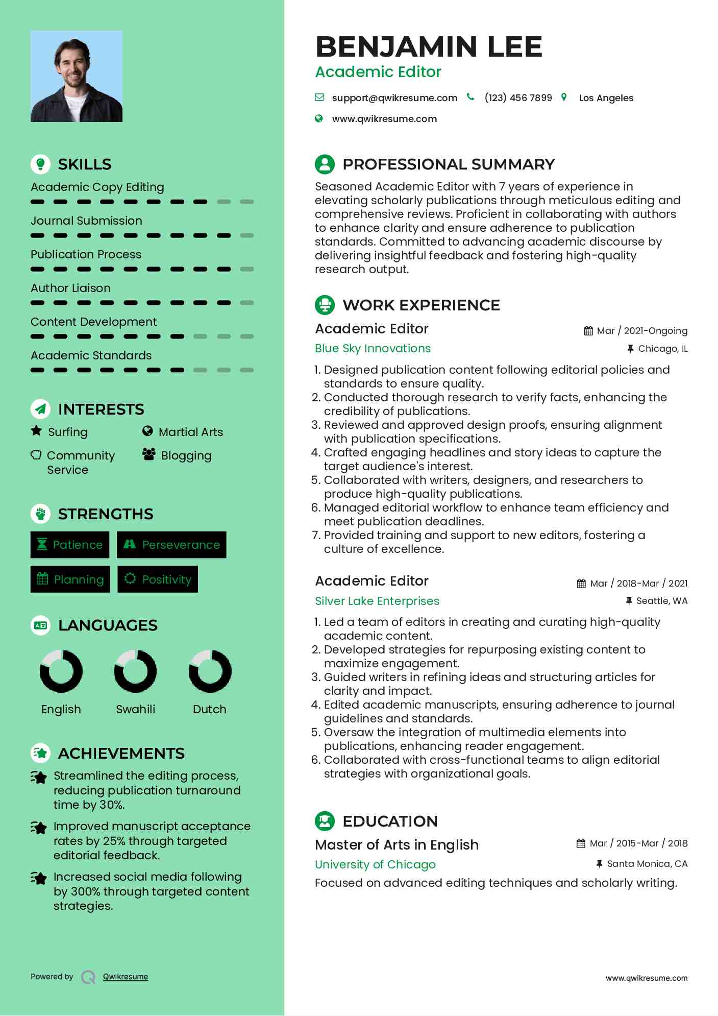 Academic Editor Resume Example