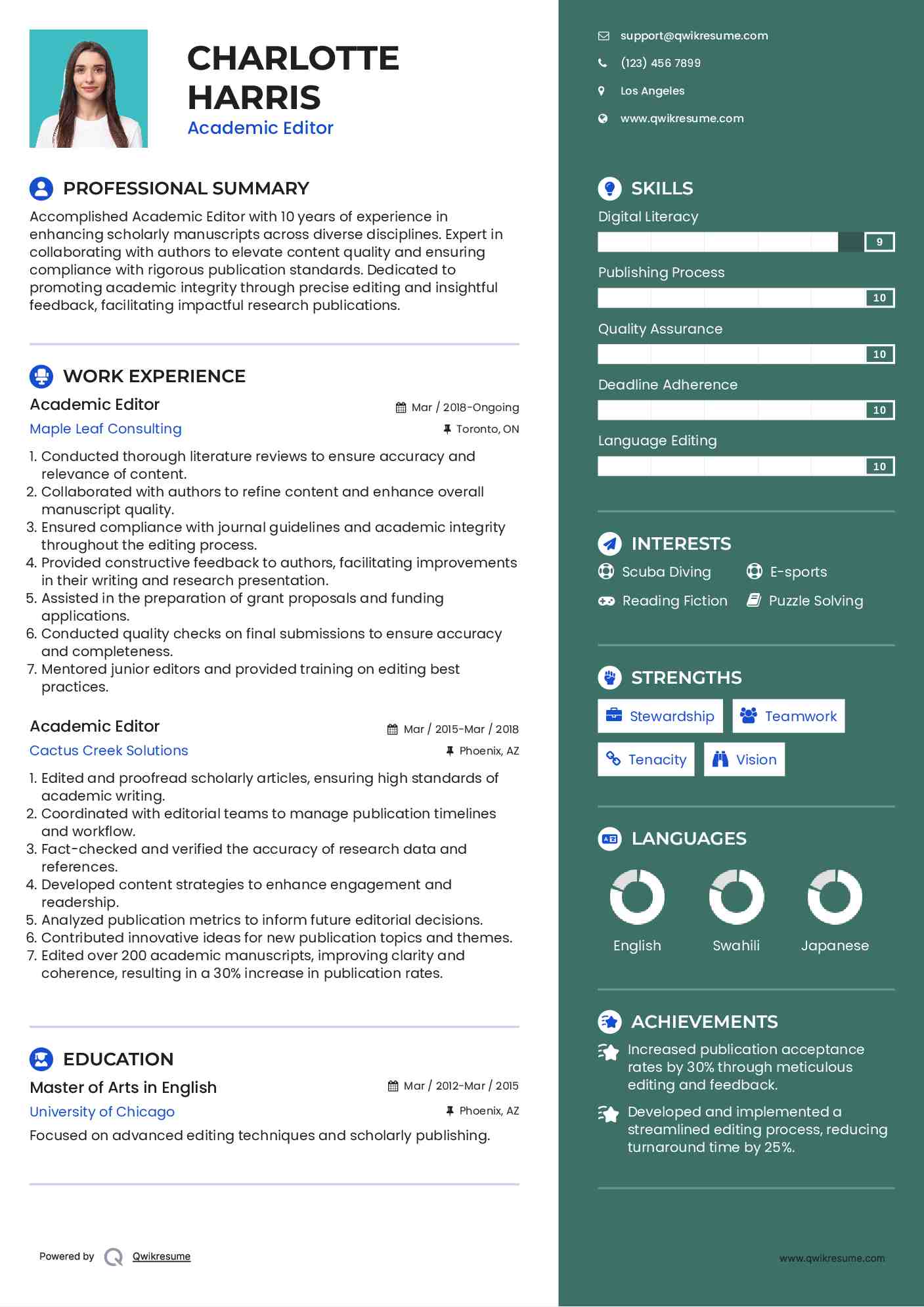 Academic Editor Resume Sample