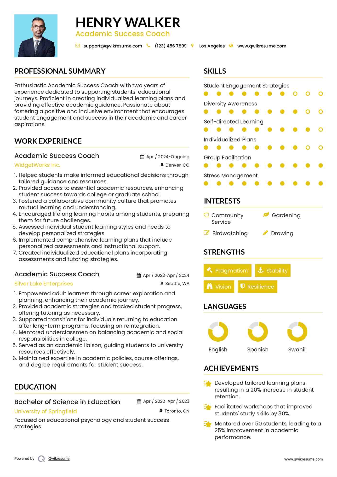 Academic Success Coach Resume Sample