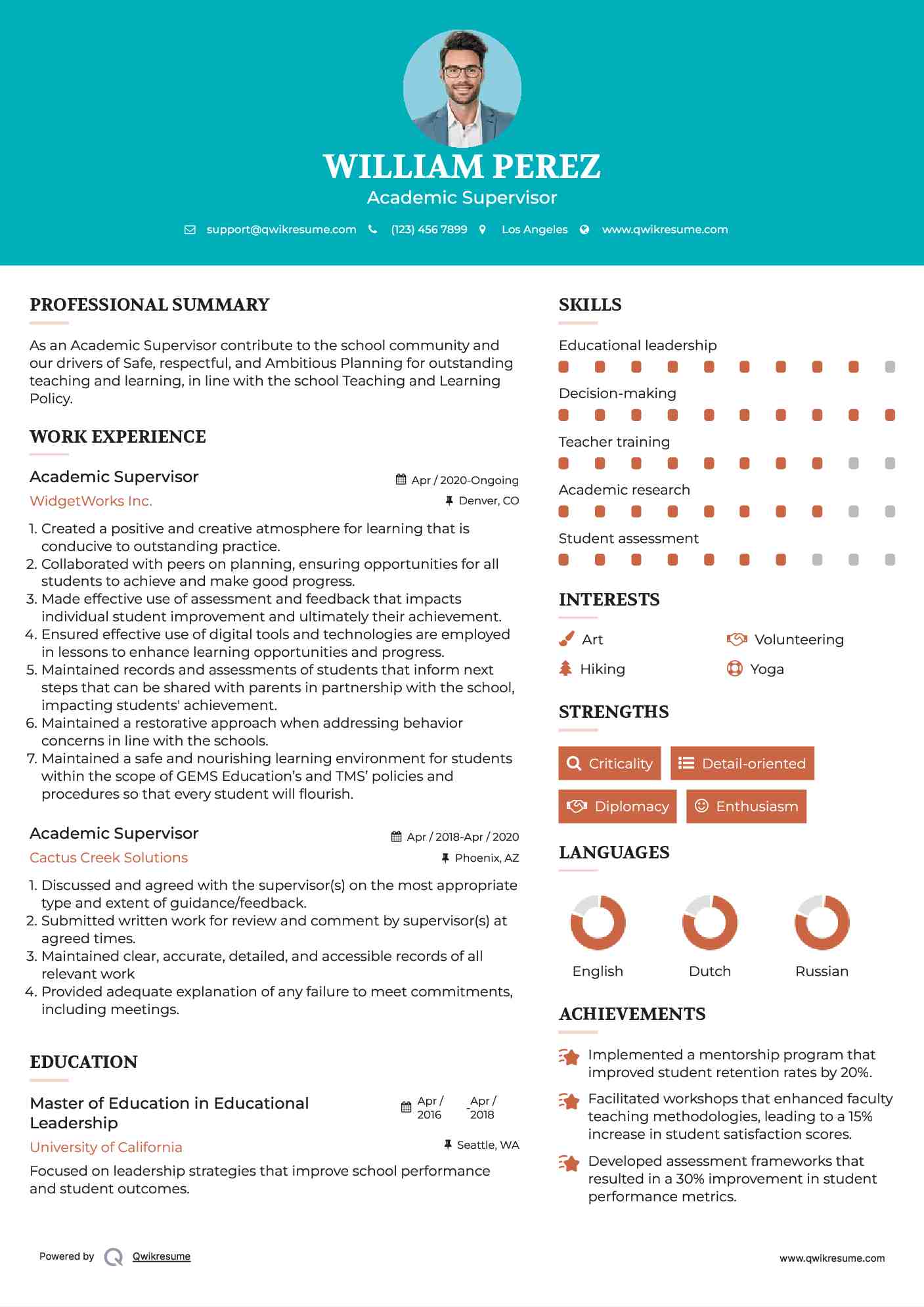 Academic Supervisor Resume Example