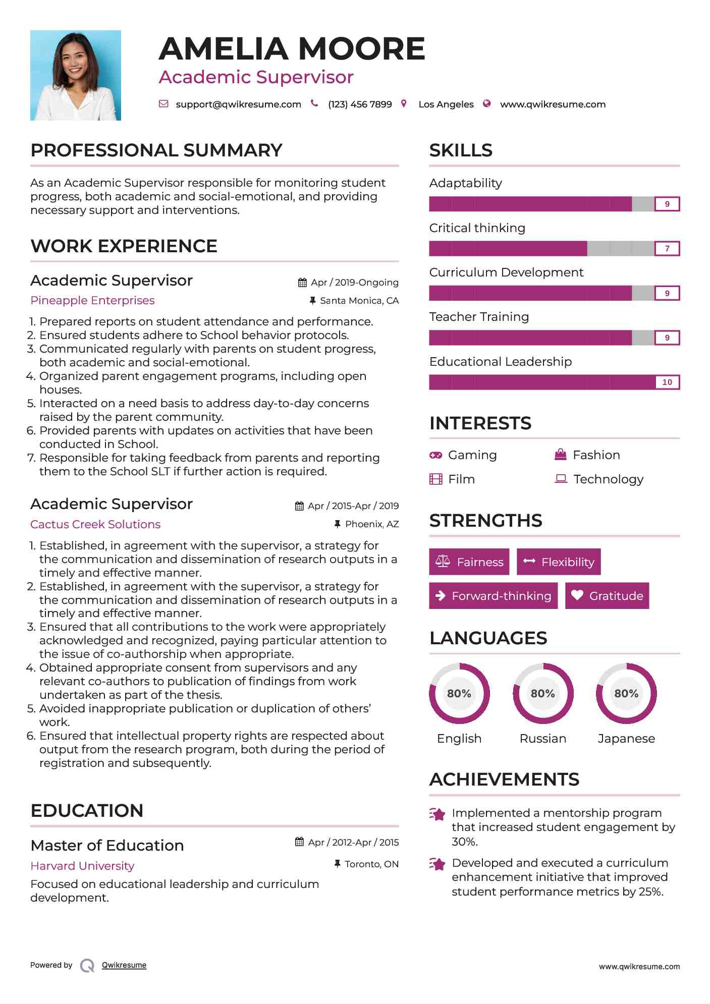 Academic Supervisor  Resume Example