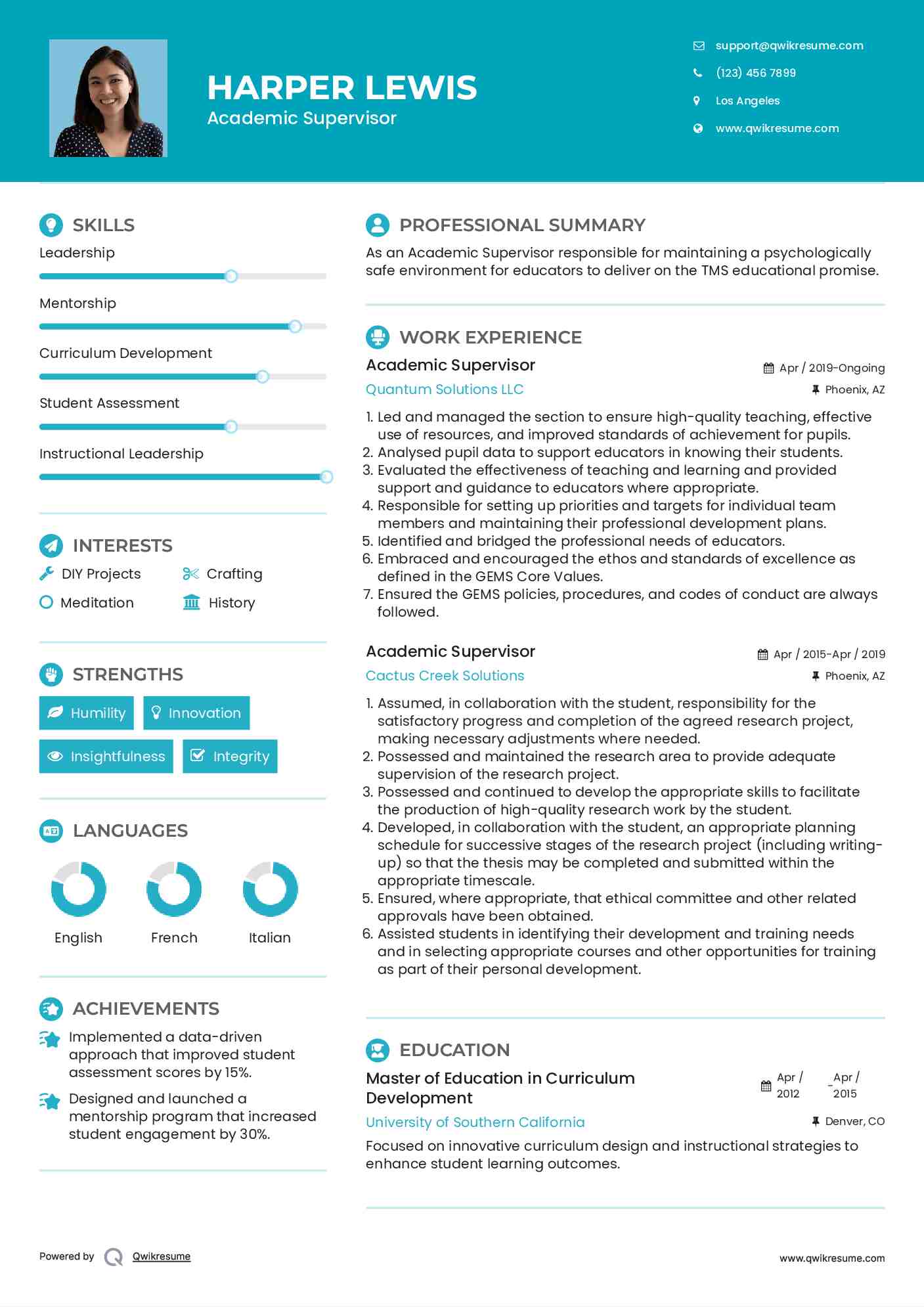 Academic Supervisor Resume Sample