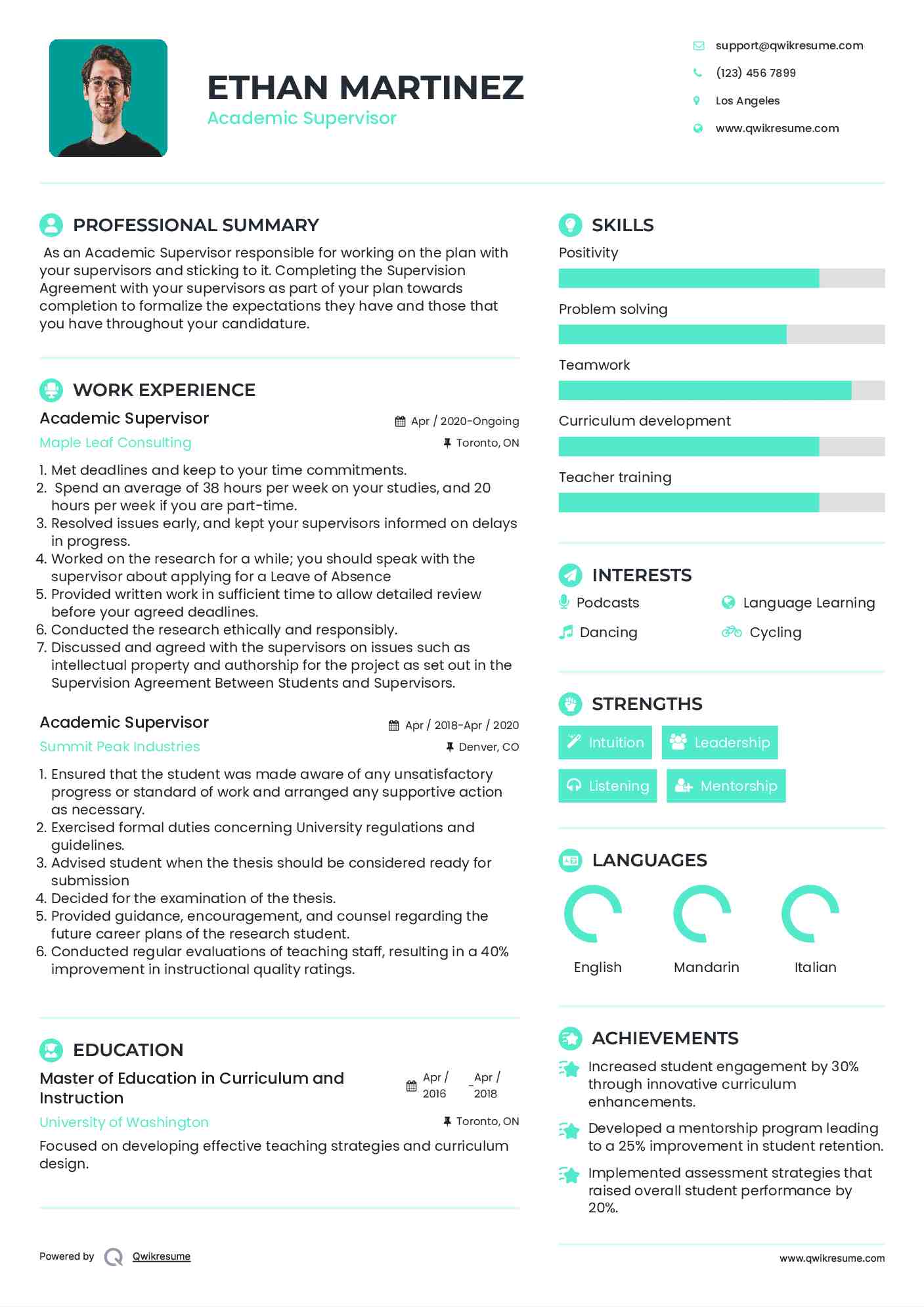 Academic Supervisor  Resume Format