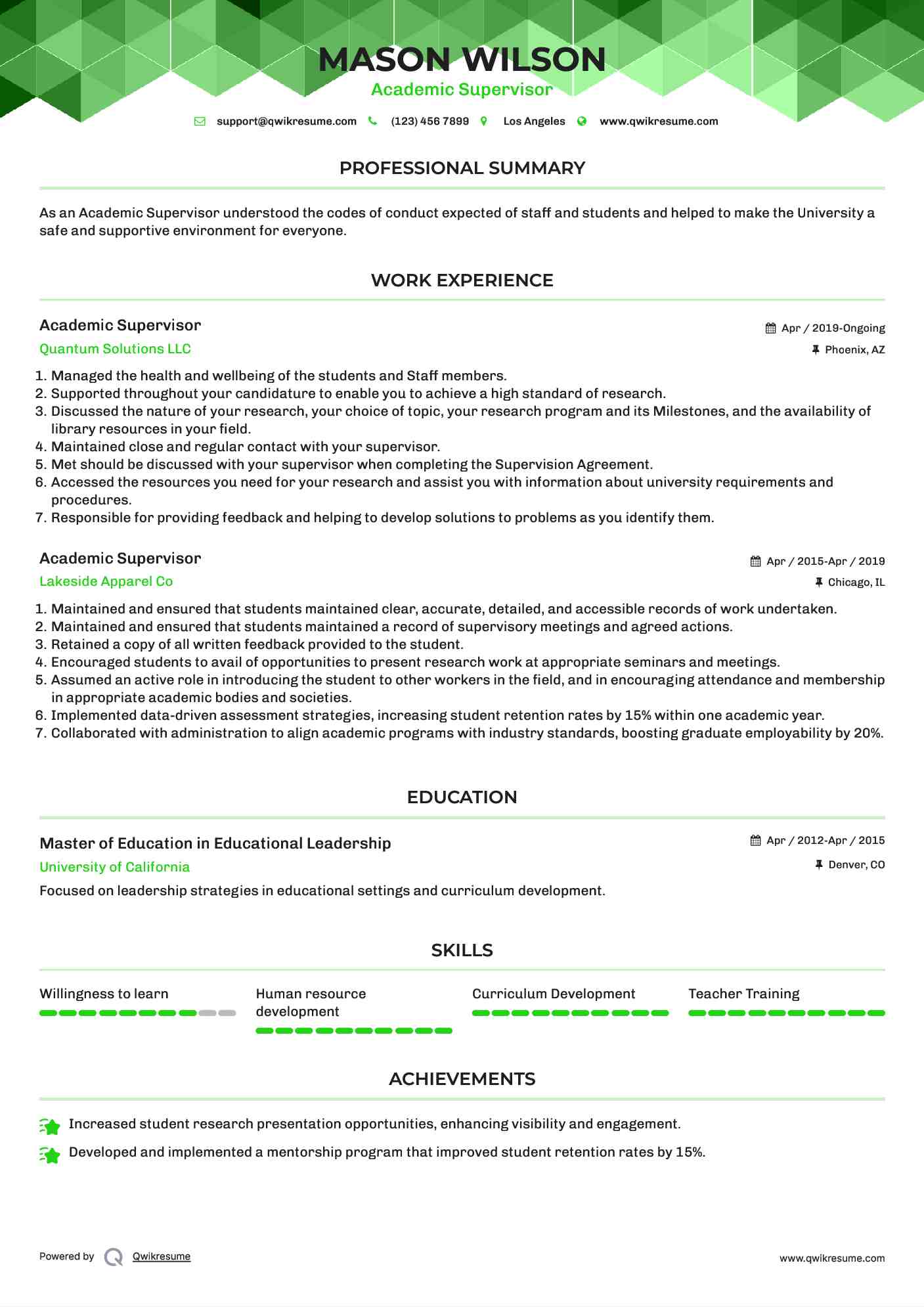 Academic Supervisor  Resume Model