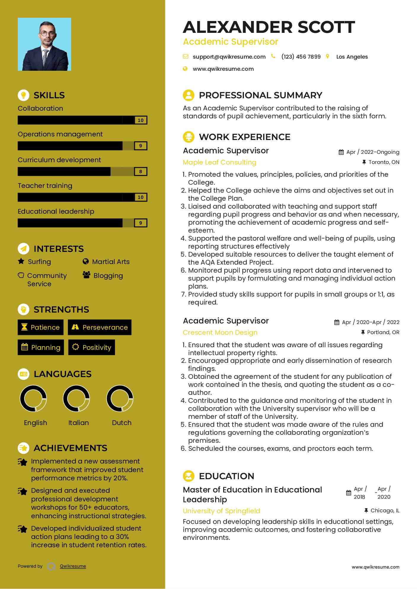 Academic Supervisor Resume Sample