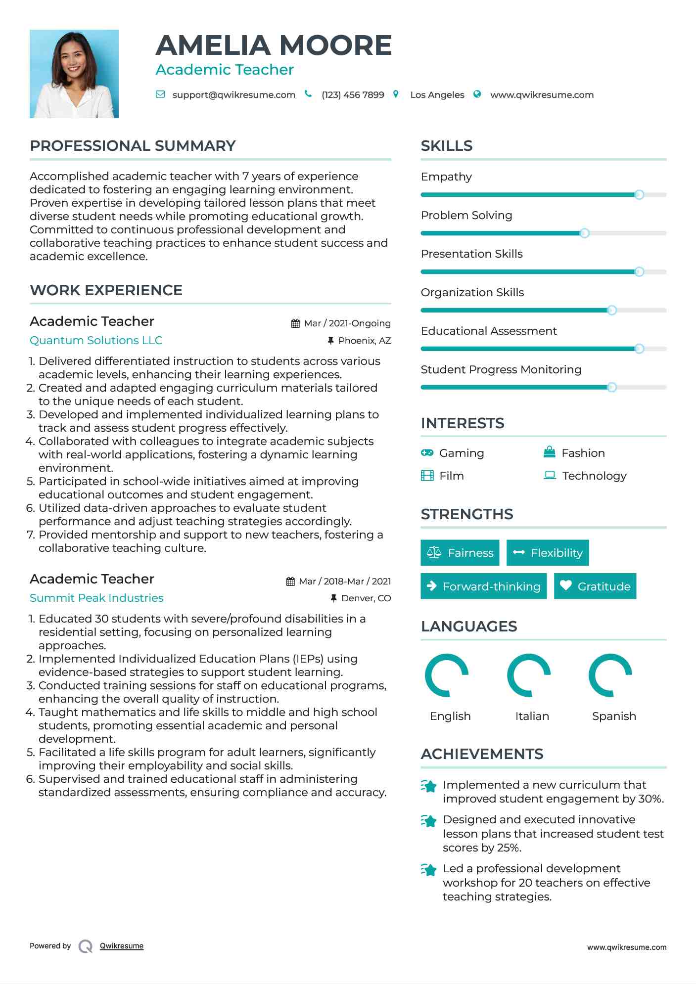 Academic Teacher Resume Example