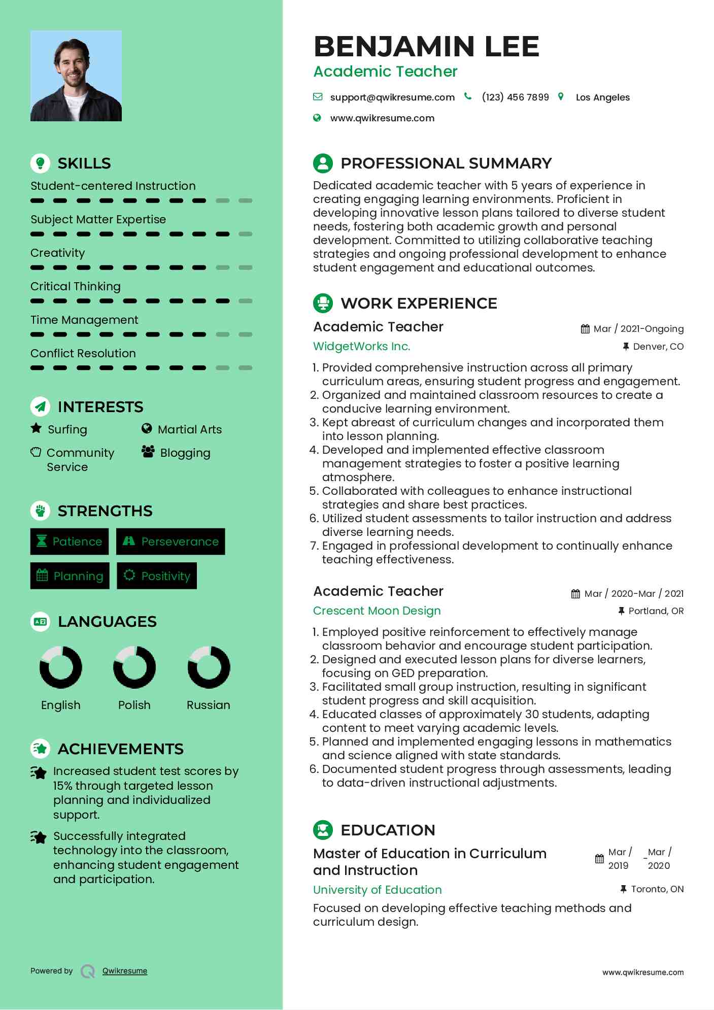 Academic Teacher Resume Format