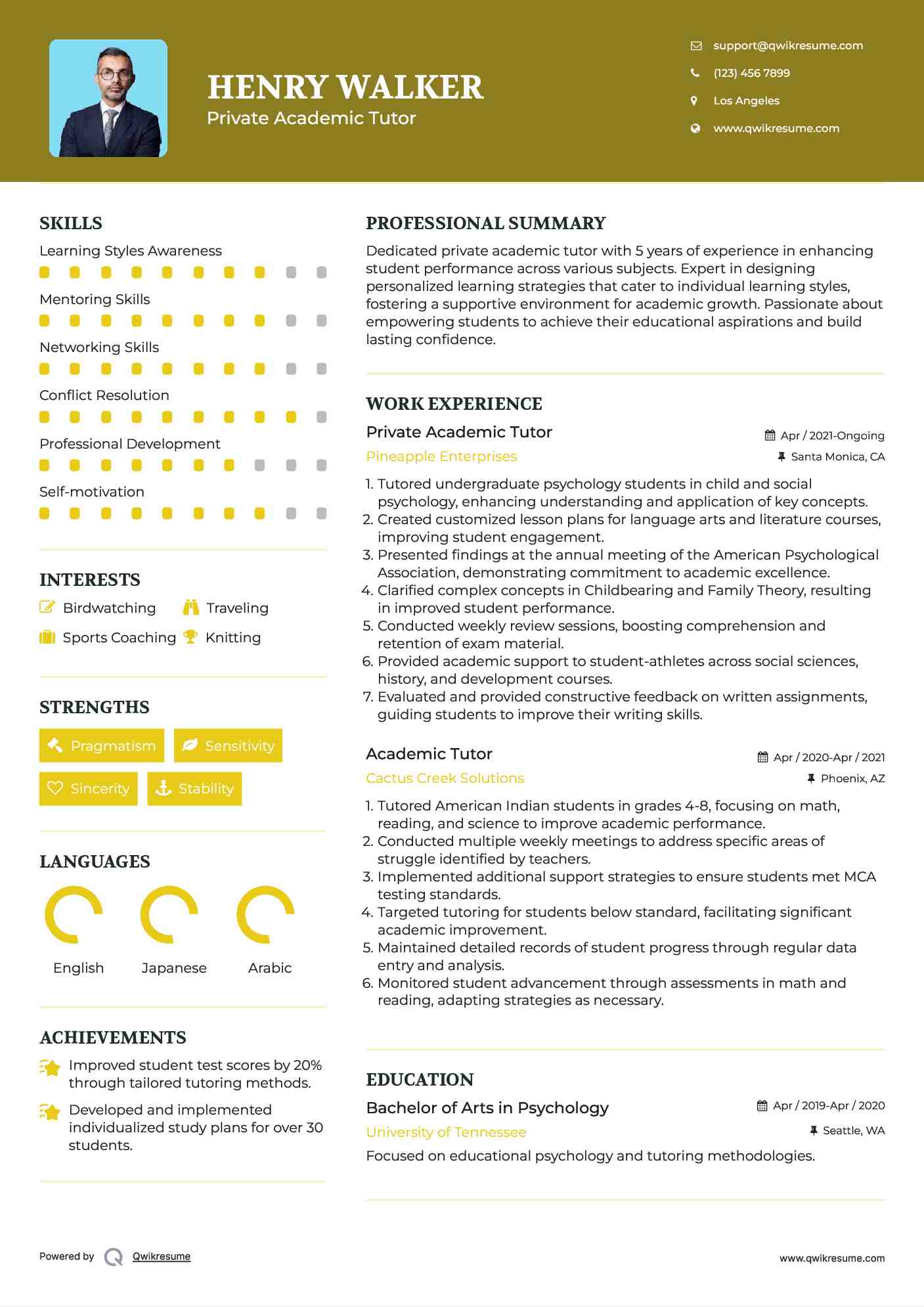 Private Academic Tutor Resume Model