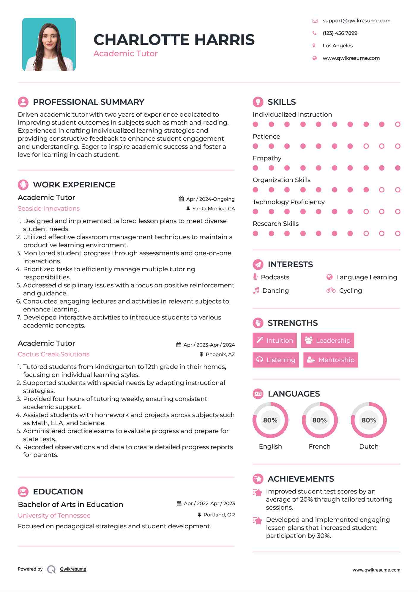 Academic Tutor Resume Sample