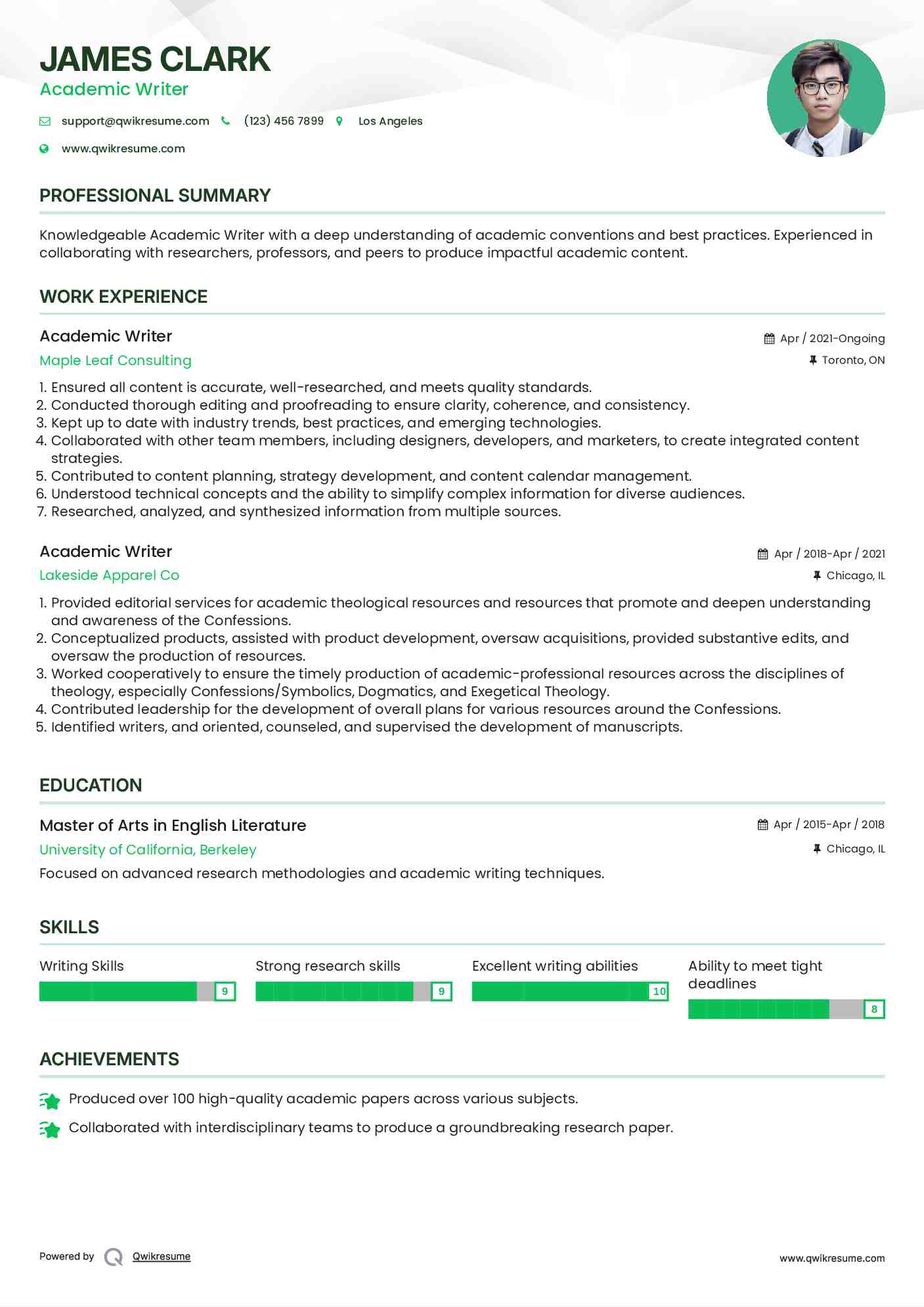  Academic Writer  Resume Example
