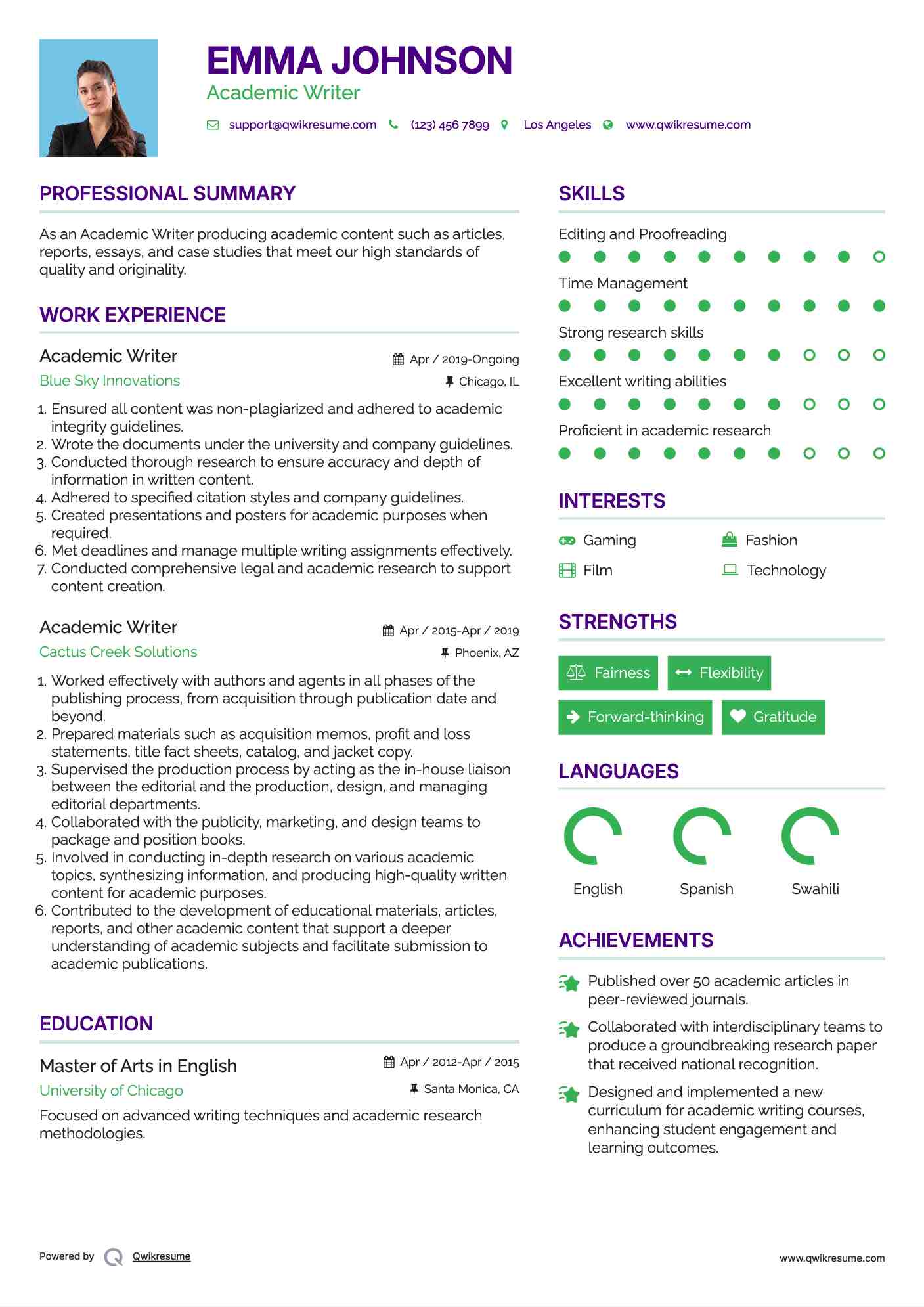 Academic Writer Resume Format