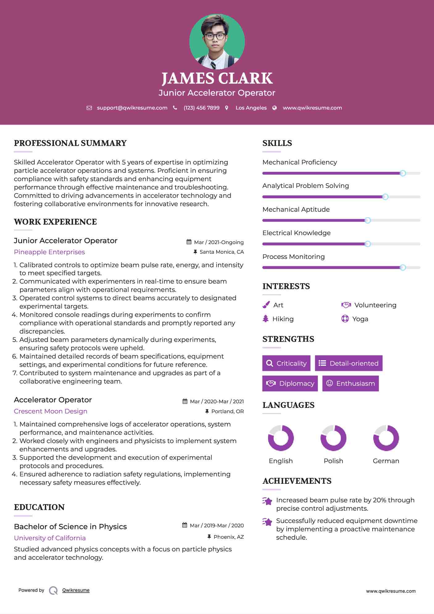 Junior Accelerator Operator Resume Model