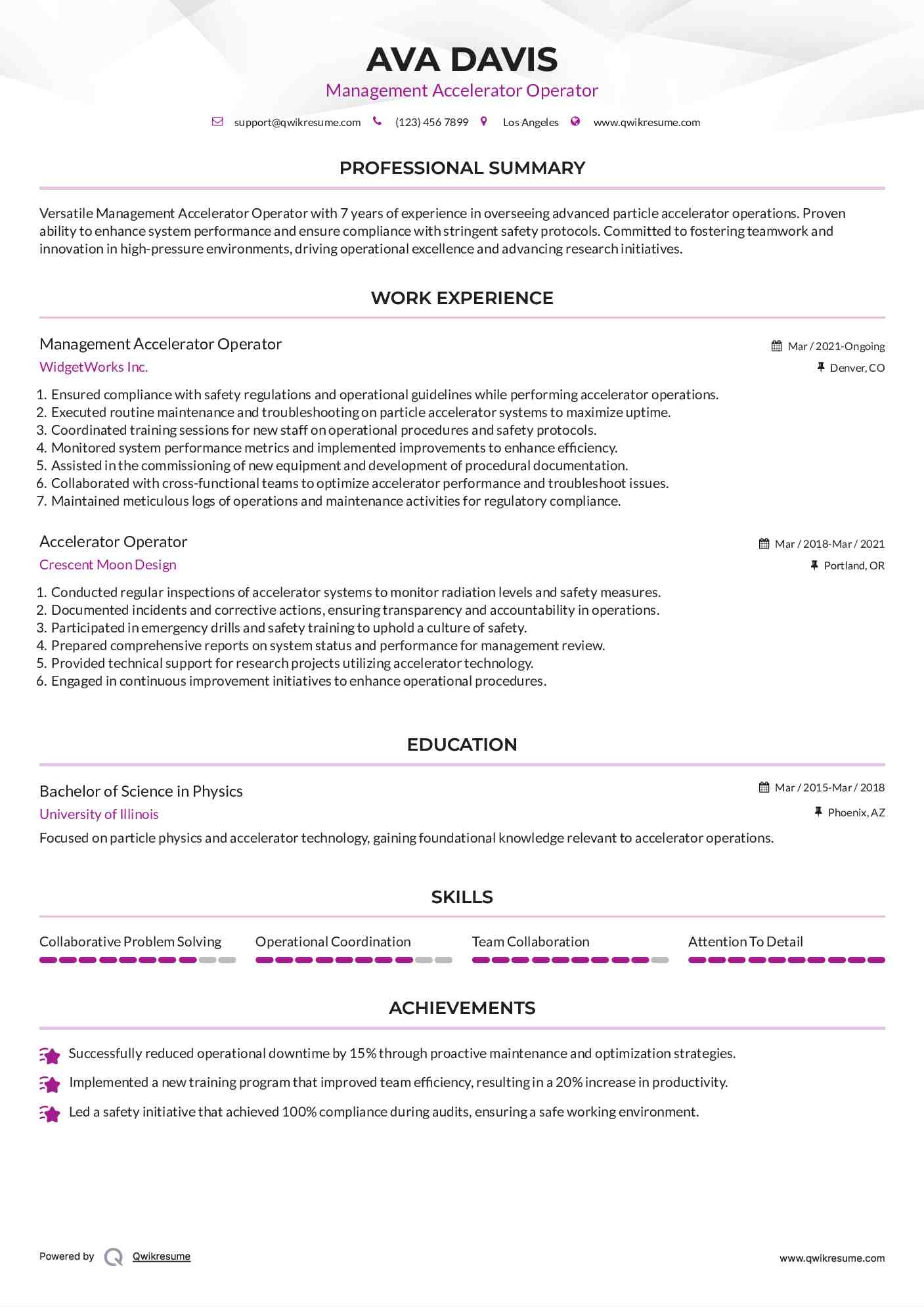 Management Accelerator Operator Resume Model