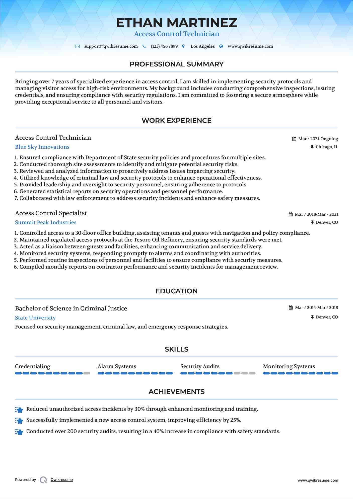 Access Control Specialist Resume Samples QwikResume