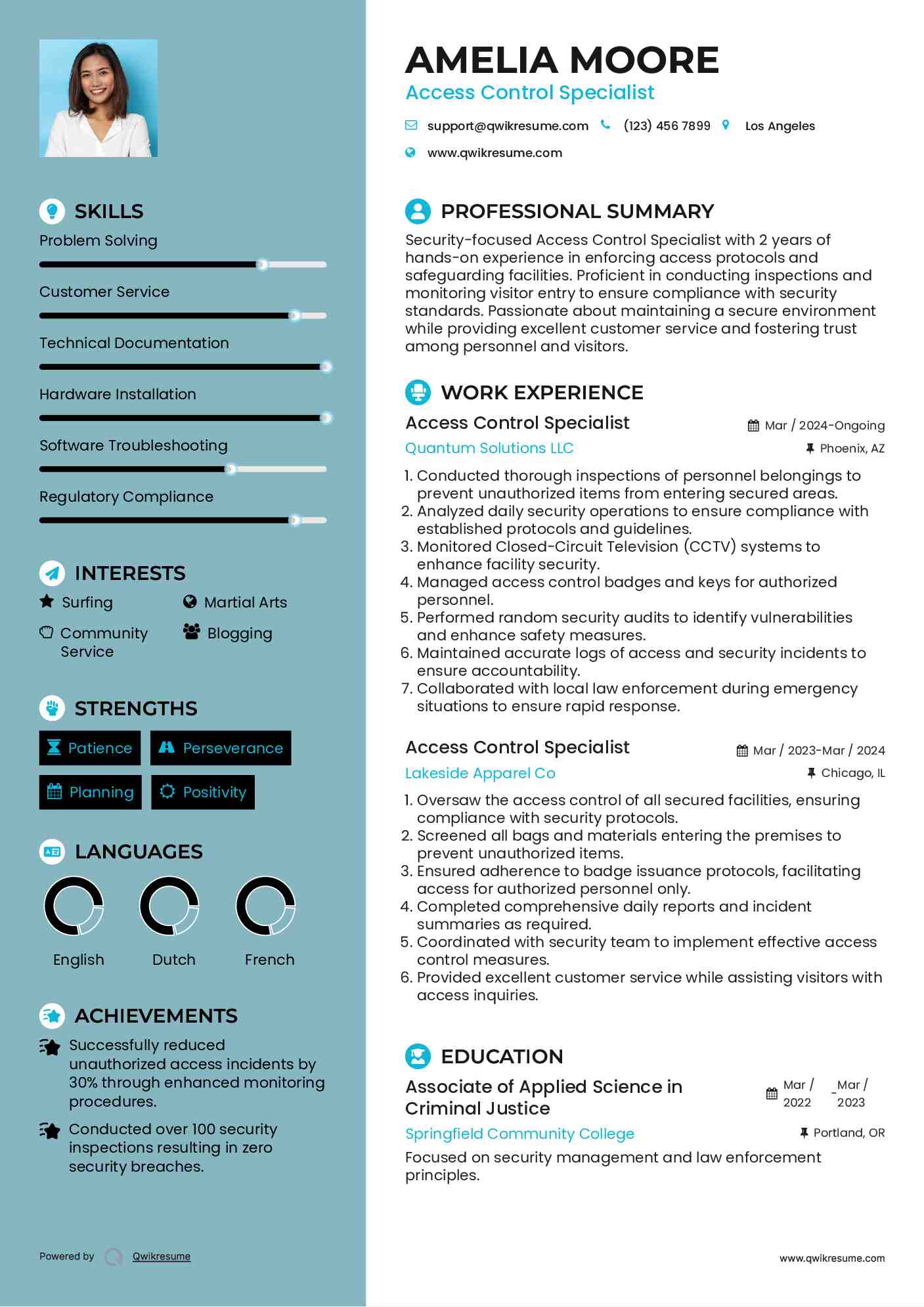 Access Control Specialist Resume Samples QwikResume