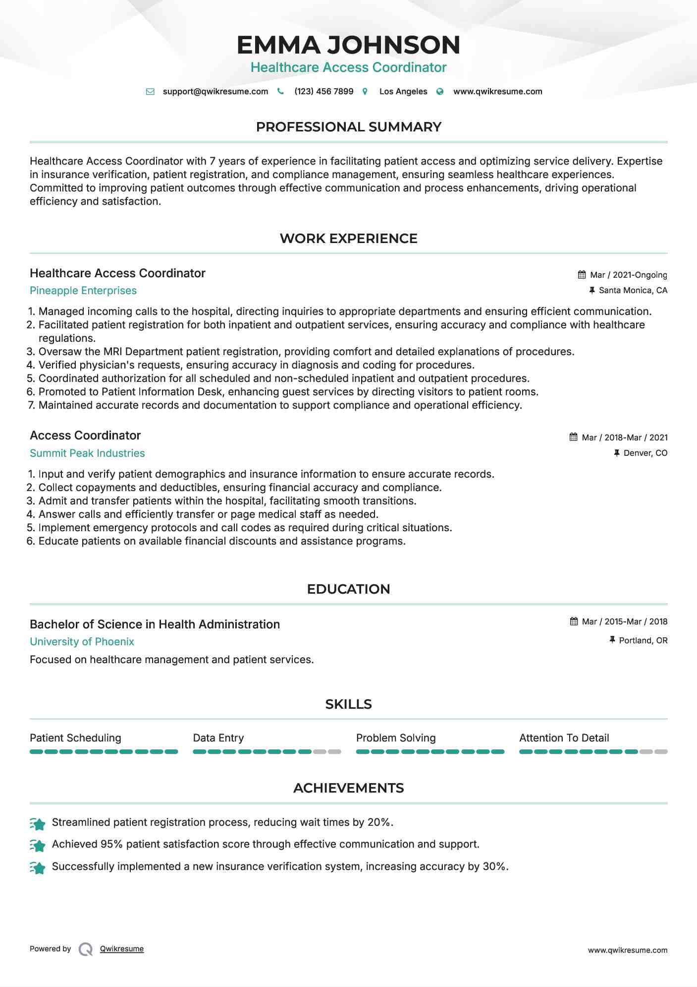 Healthcare Access Coordinator Resume Sample