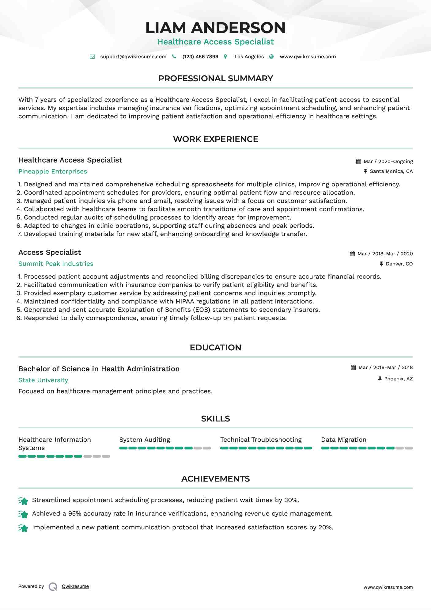Healthcare Access Specialist Resume Example