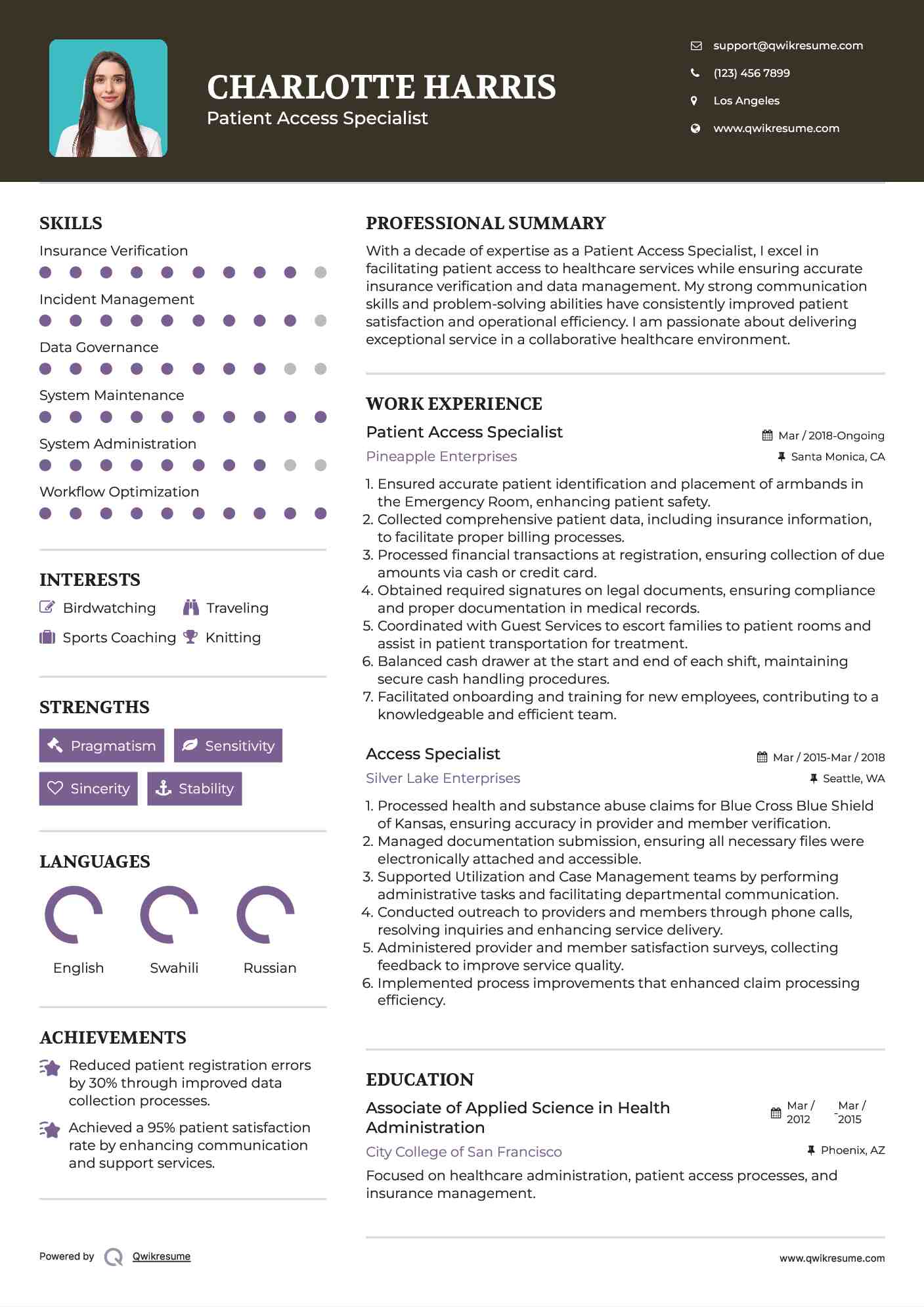 Patient Access Specialist Resume Model