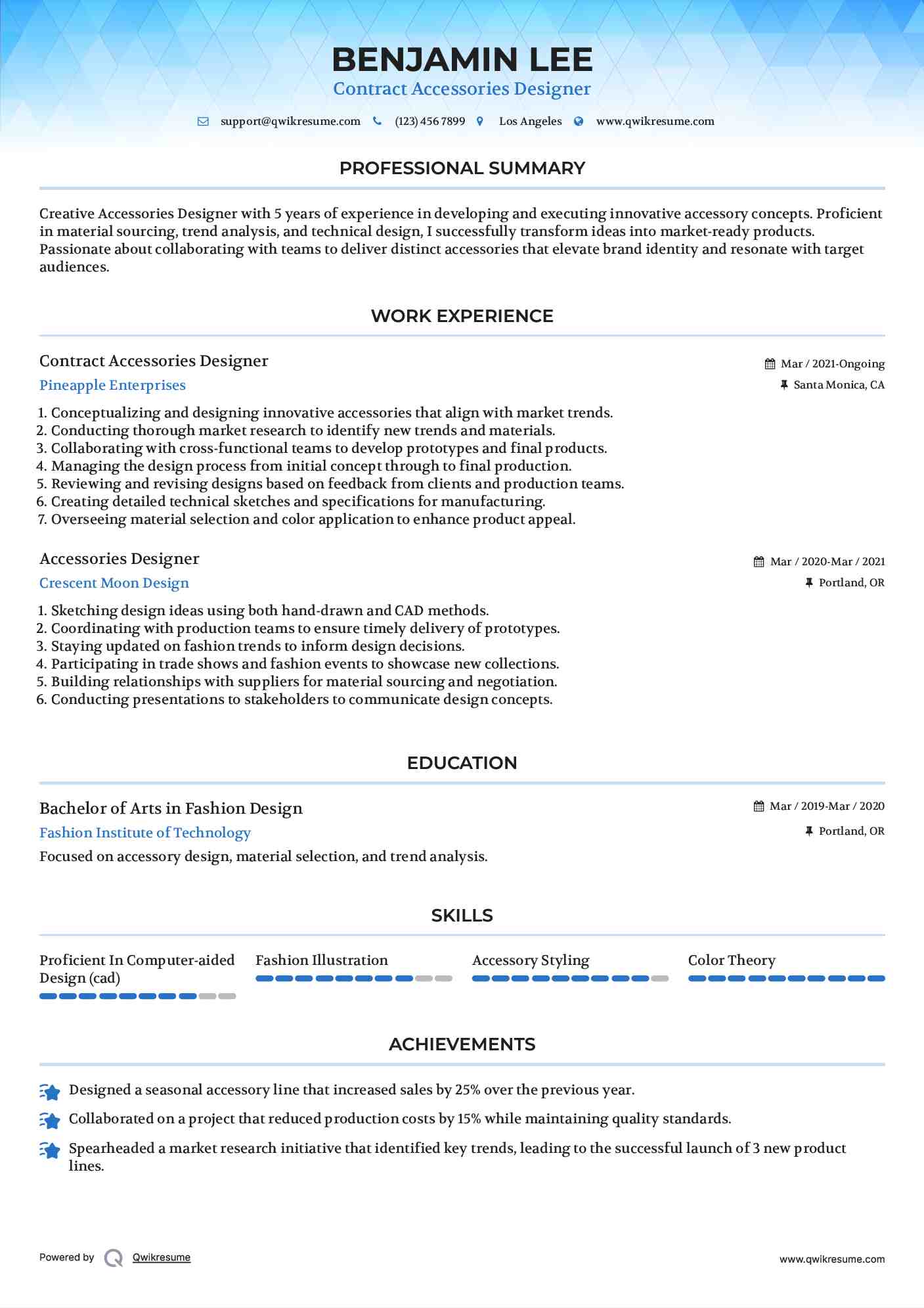 Contract Accessories Designer Resume Template