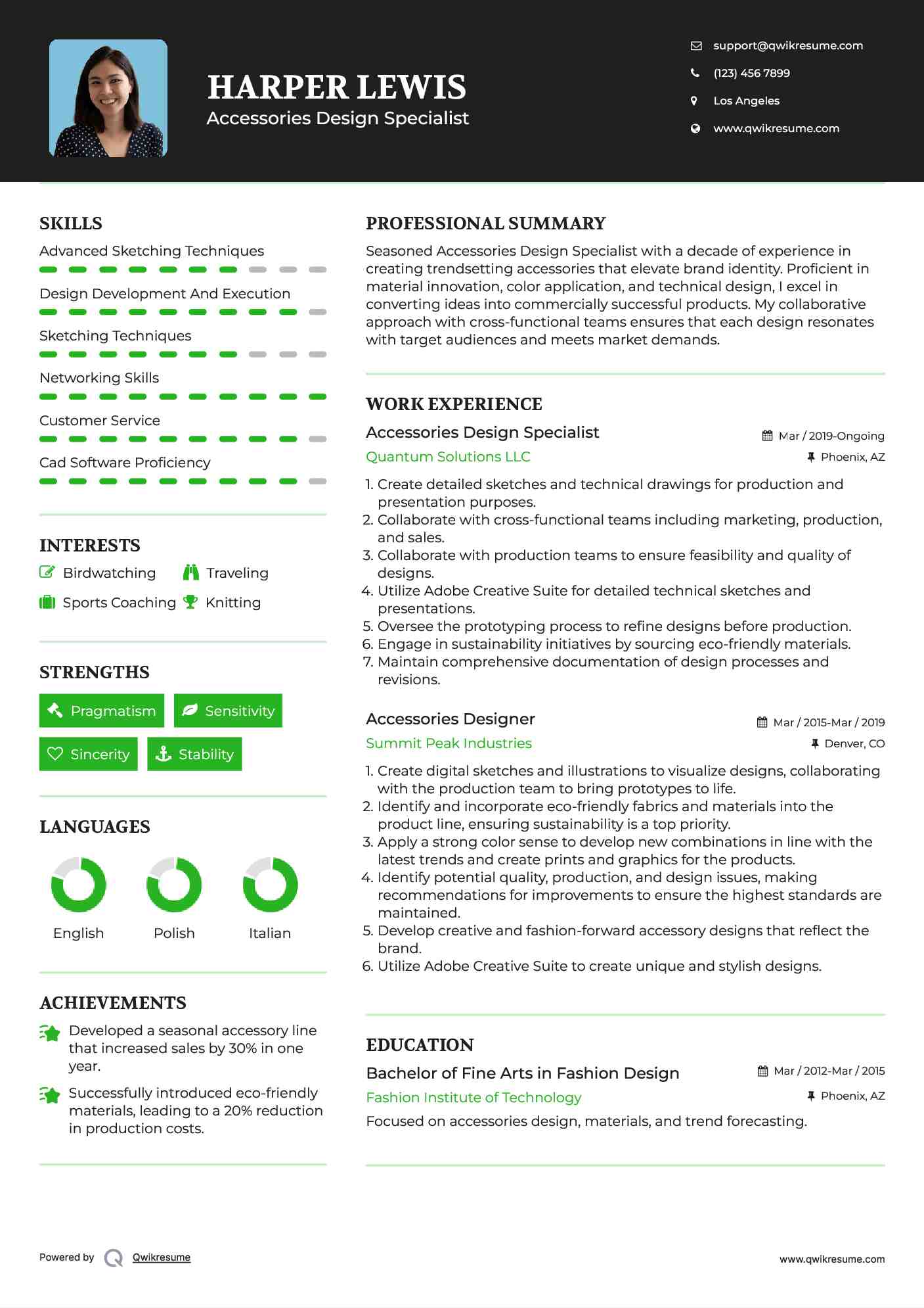 Accessories Design Specialist Resume Example