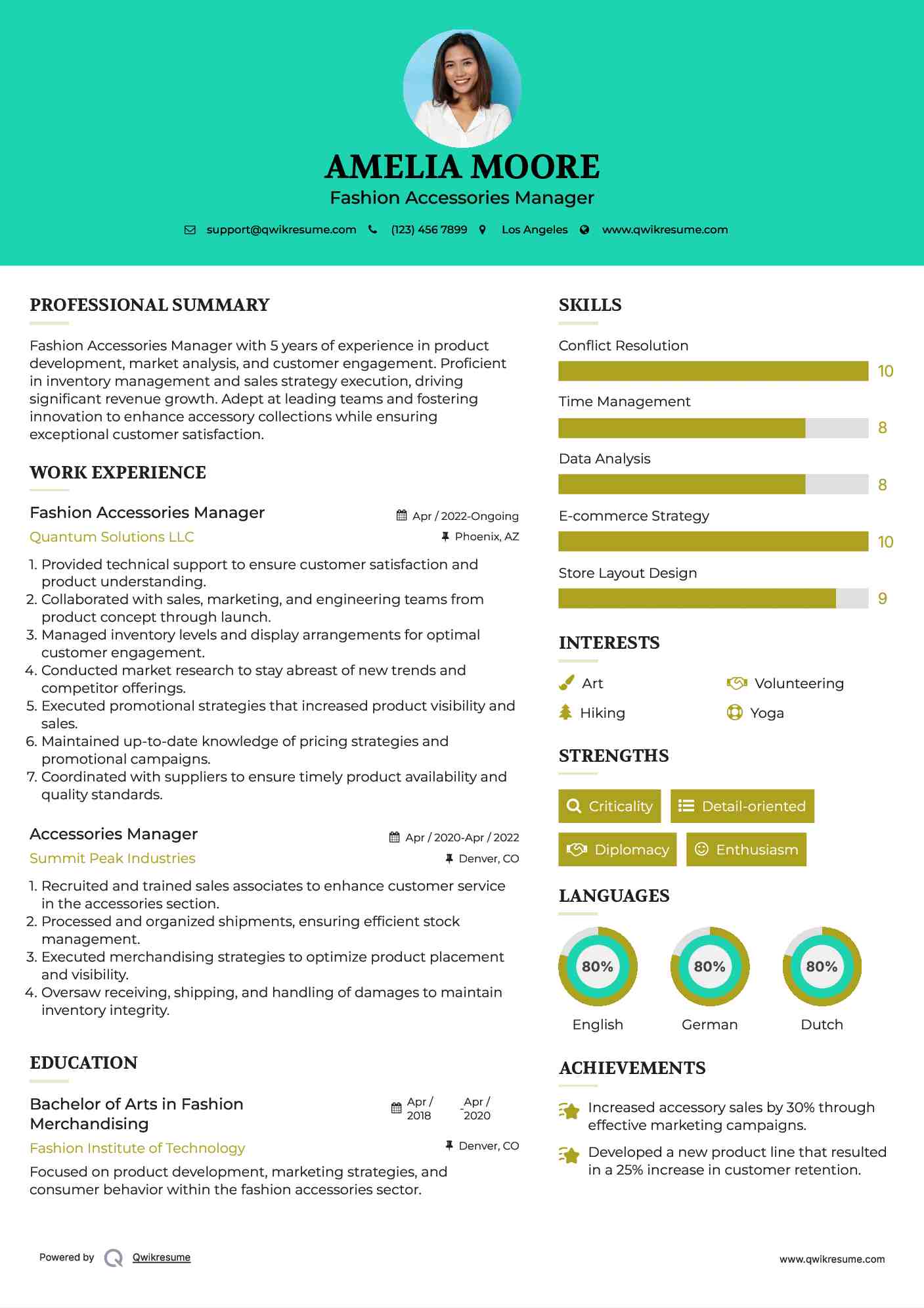 Fashion Accessories Manager
 Resume Template