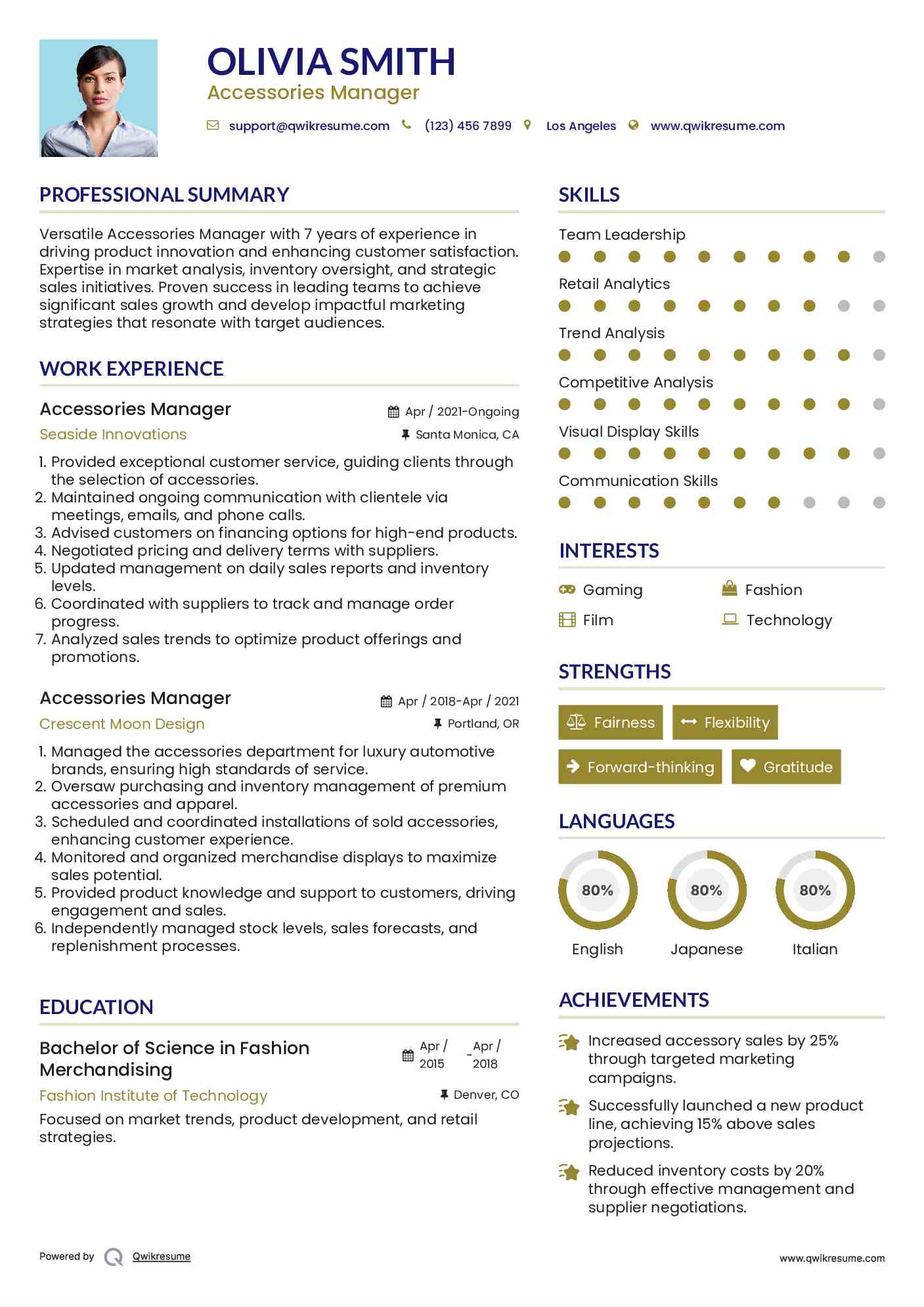 Accessories Manager Resume Sample